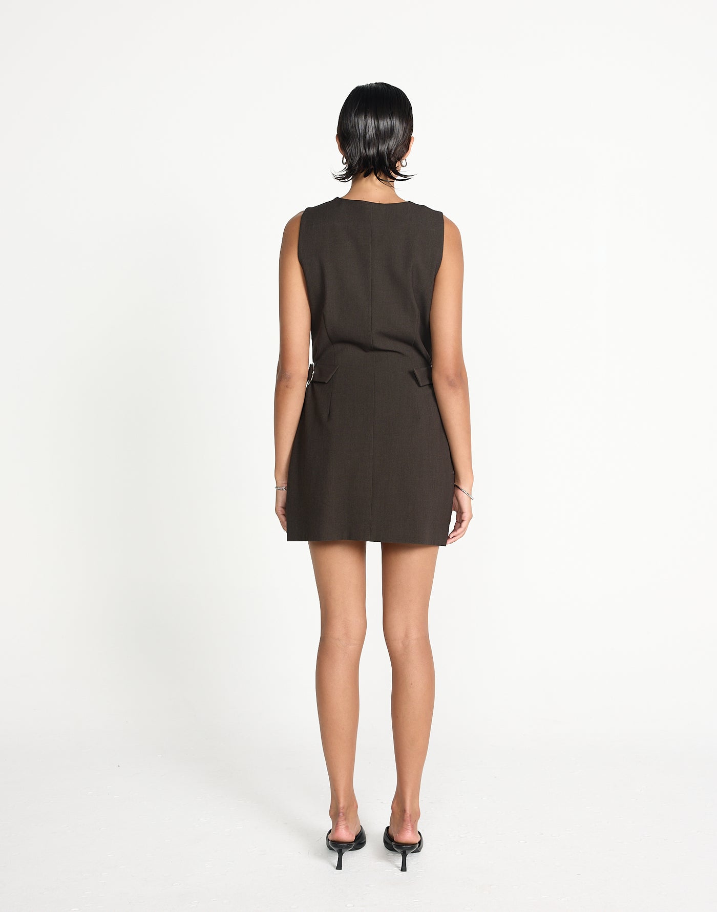 Yori Mini Dress (Chocolate) | CHARCOAL EXCLUSIVE | Button closure v neckline mini dress - Women's Dress - Charcoal Clothing