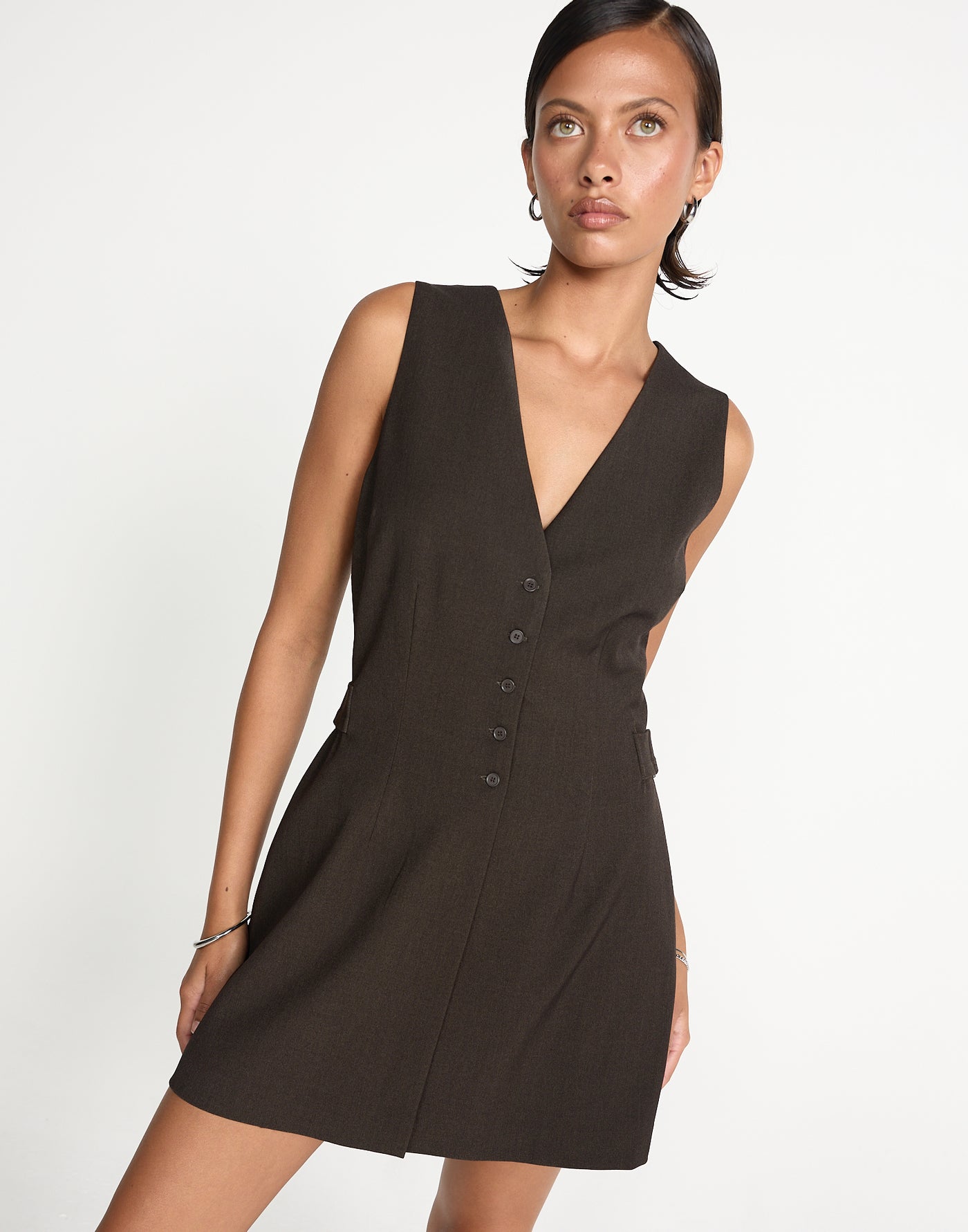 Yori Mini Dress (Chocolate) | CHARCOAL EXCLUSIVE | Button closure v neckline mini dress - Women's Dress - Charcoal Clothing
