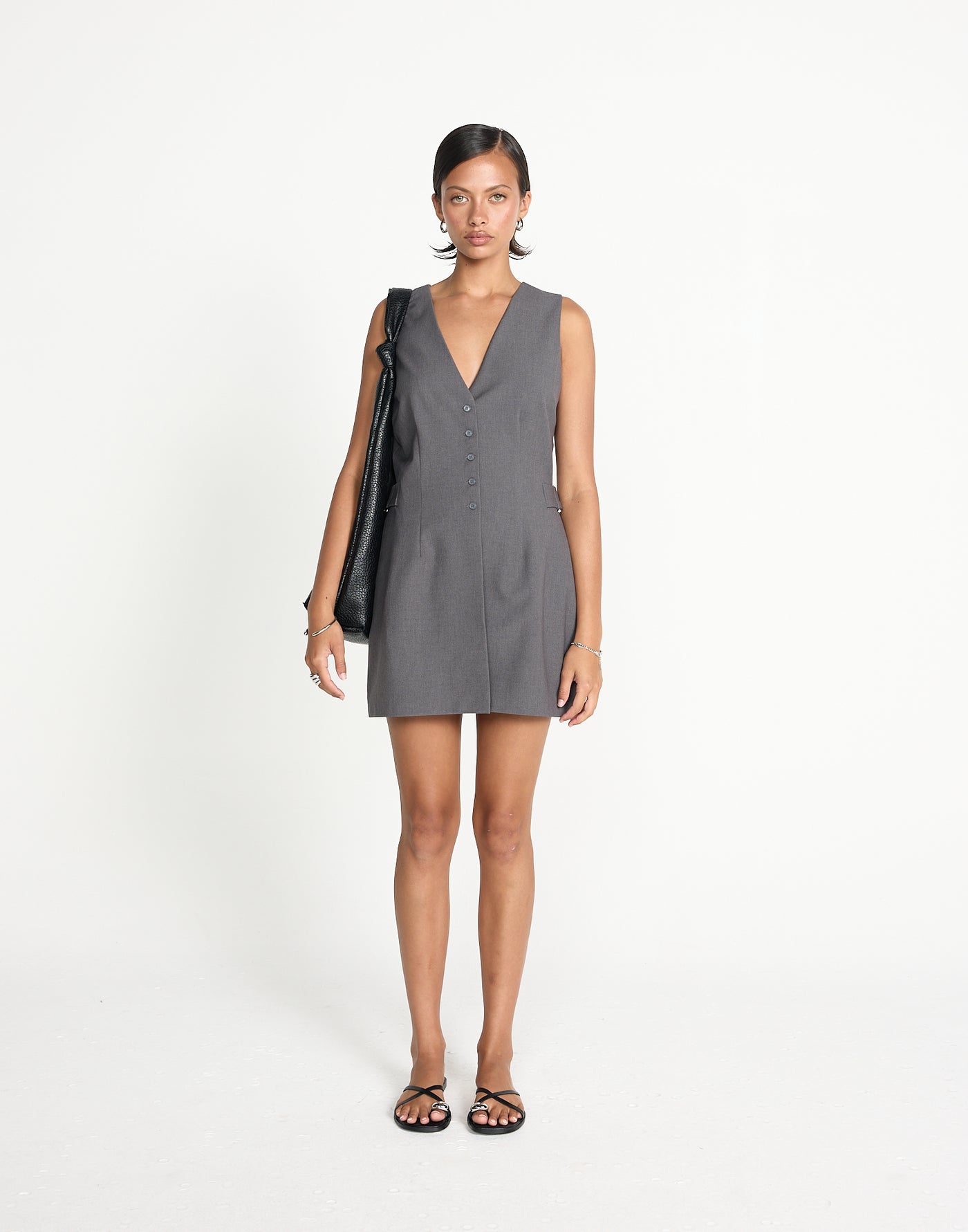 Yori Mini Dress (Textured Slate) | CHARCOAL EXCLUSIVE | Button closure v neckline mini dress - Women's Dress - Charcoal Clothing