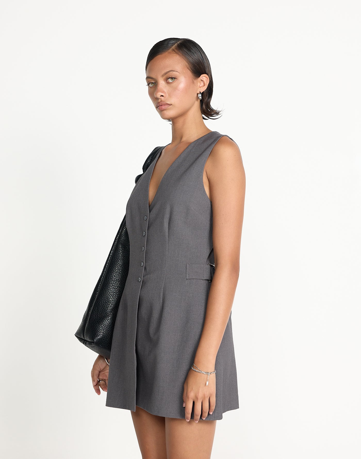 Yori Mini Dress (Textured Slate) | CHARCOAL EXCLUSIVE | Button closure v neckline mini dress - Women's Dress - Charcoal Clothing