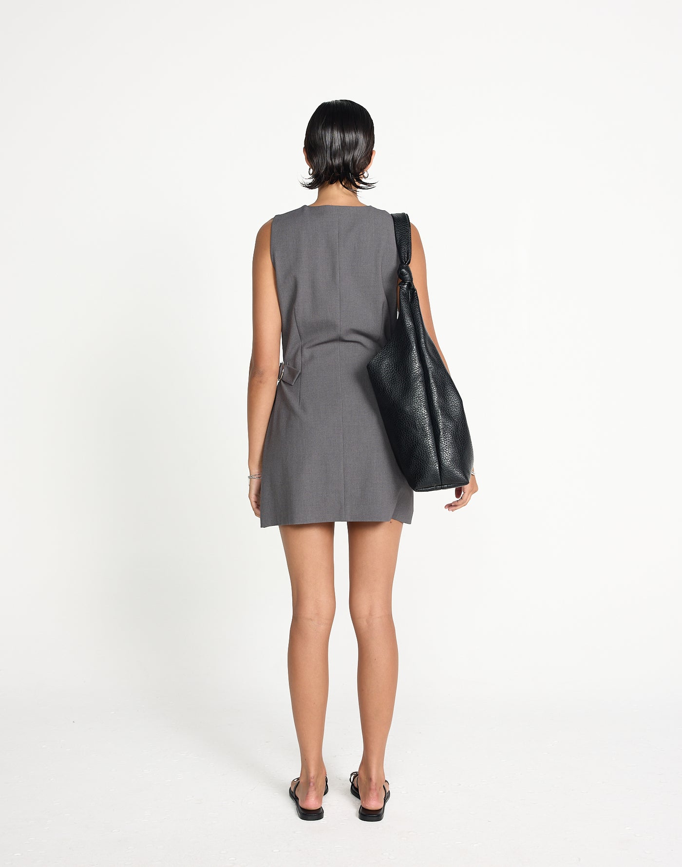 Yori Mini Dress (Textured Slate) | CHARCOAL EXCLUSIVE | Button closure v neckline mini dress - Women's Dress - Charcoal Clothing