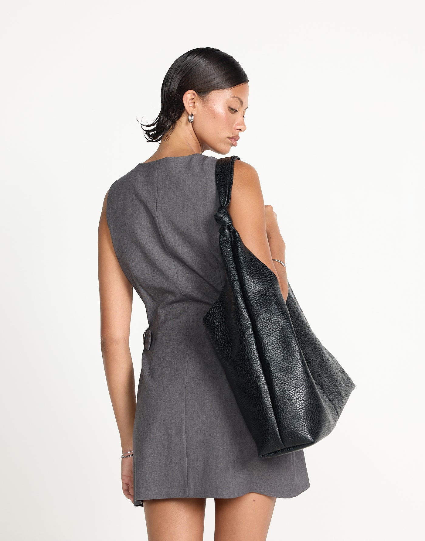 Yori Mini Dress (Textured Slate) | CHARCOAL EXCLUSIVE | Button closure v neckline mini dress - Women's Dress - Charcoal Clothing