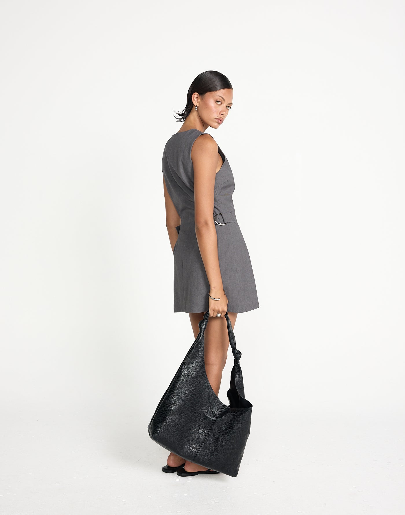 Yori Mini Dress (Textured Slate) | CHARCOAL EXCLUSIVE | Button closure v neckline mini dress - Women's Dress - Charcoal Clothing