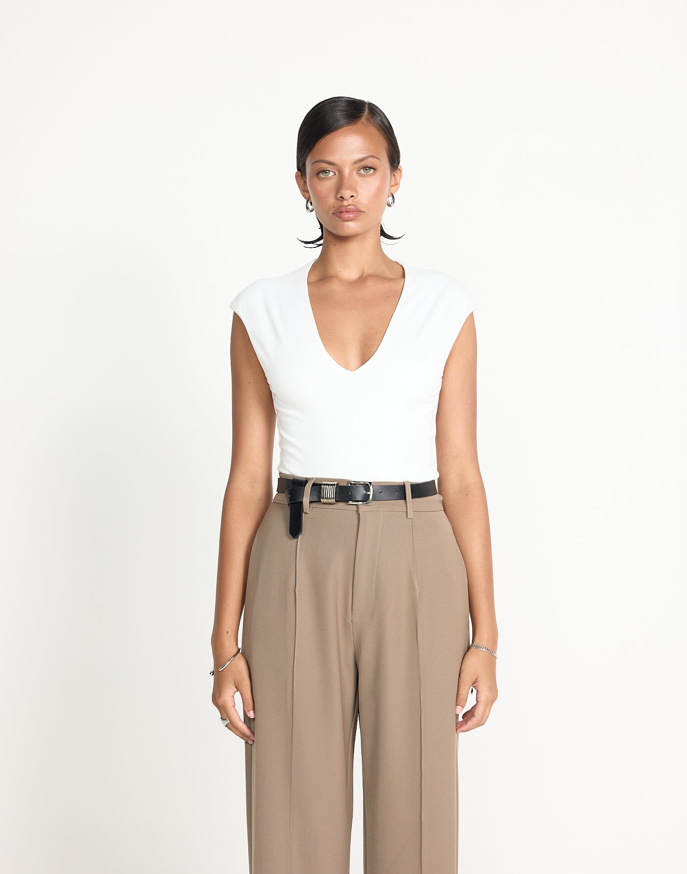 Deka Top (White) | CHARCOAL EXCLUSIVE | V-neckline jersey fabrication fitted top - Women's Top - Charcoal Clothing