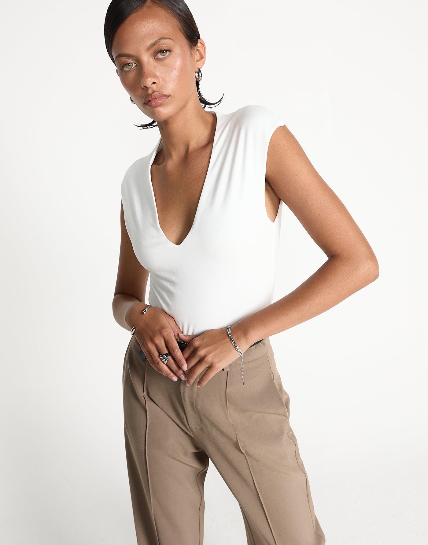 Deka Top (White) | CHARCOAL EXCLUSIVE | V-neckline jersey fabrication fitted top - Women's Top - Charcoal Clothing