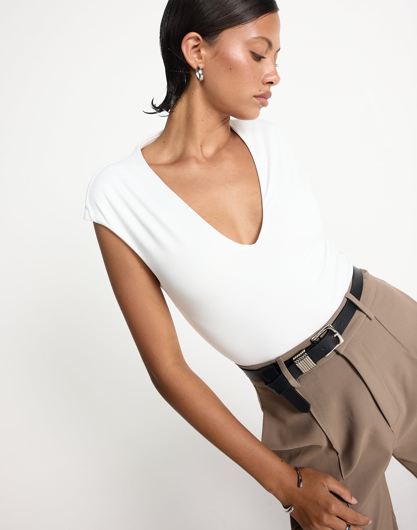 Deka Top (White) | CHARCOAL EXCLUSIVE | V-neckline jersey fabrication fitted top - Women's Top - Charcoal Clothing