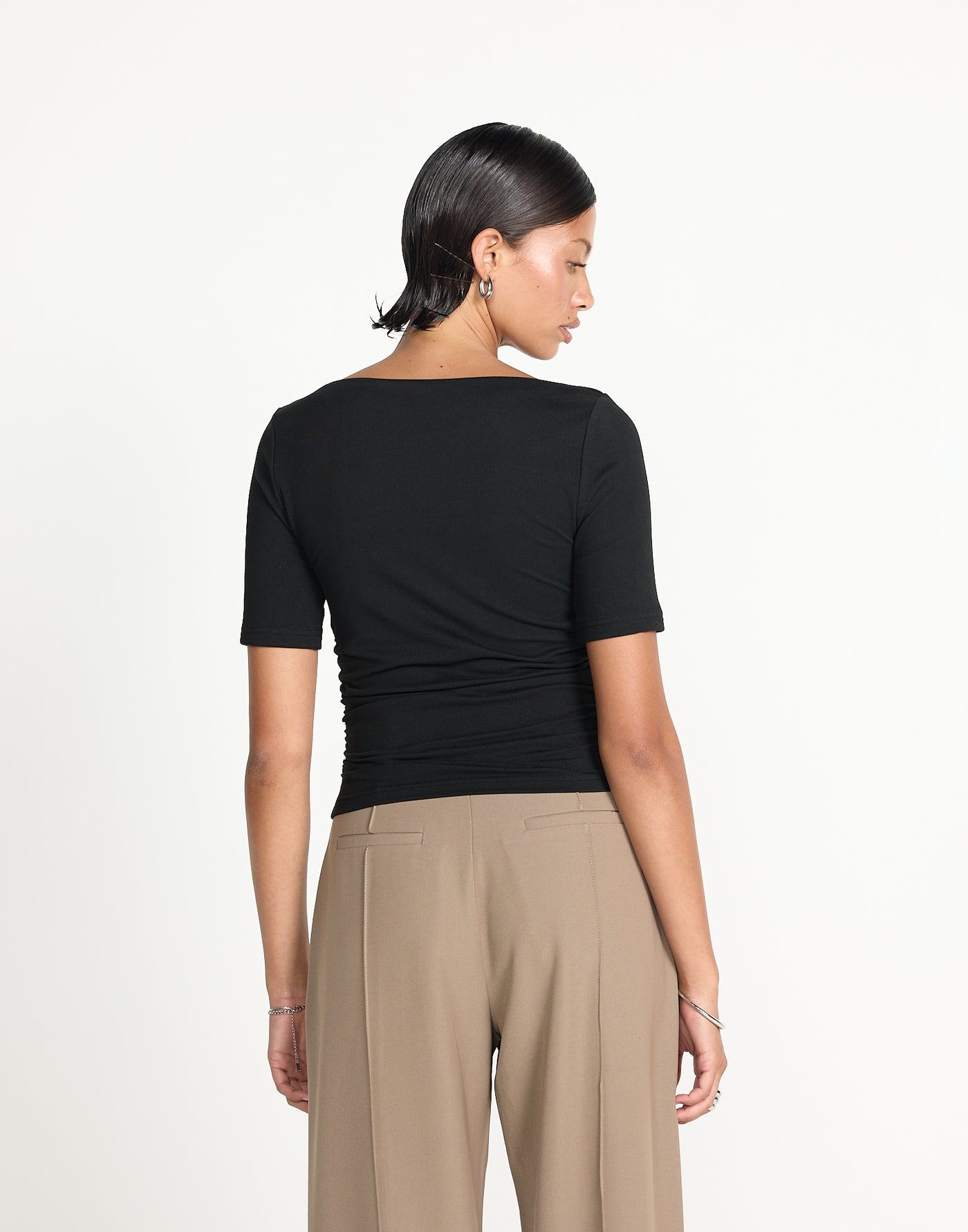 Caprice Top (Black) | CHARCOAL EXCLUSIVE | Short sleeved bodycon butter jersey highneck top - Women's Top - Charcoal Clothing