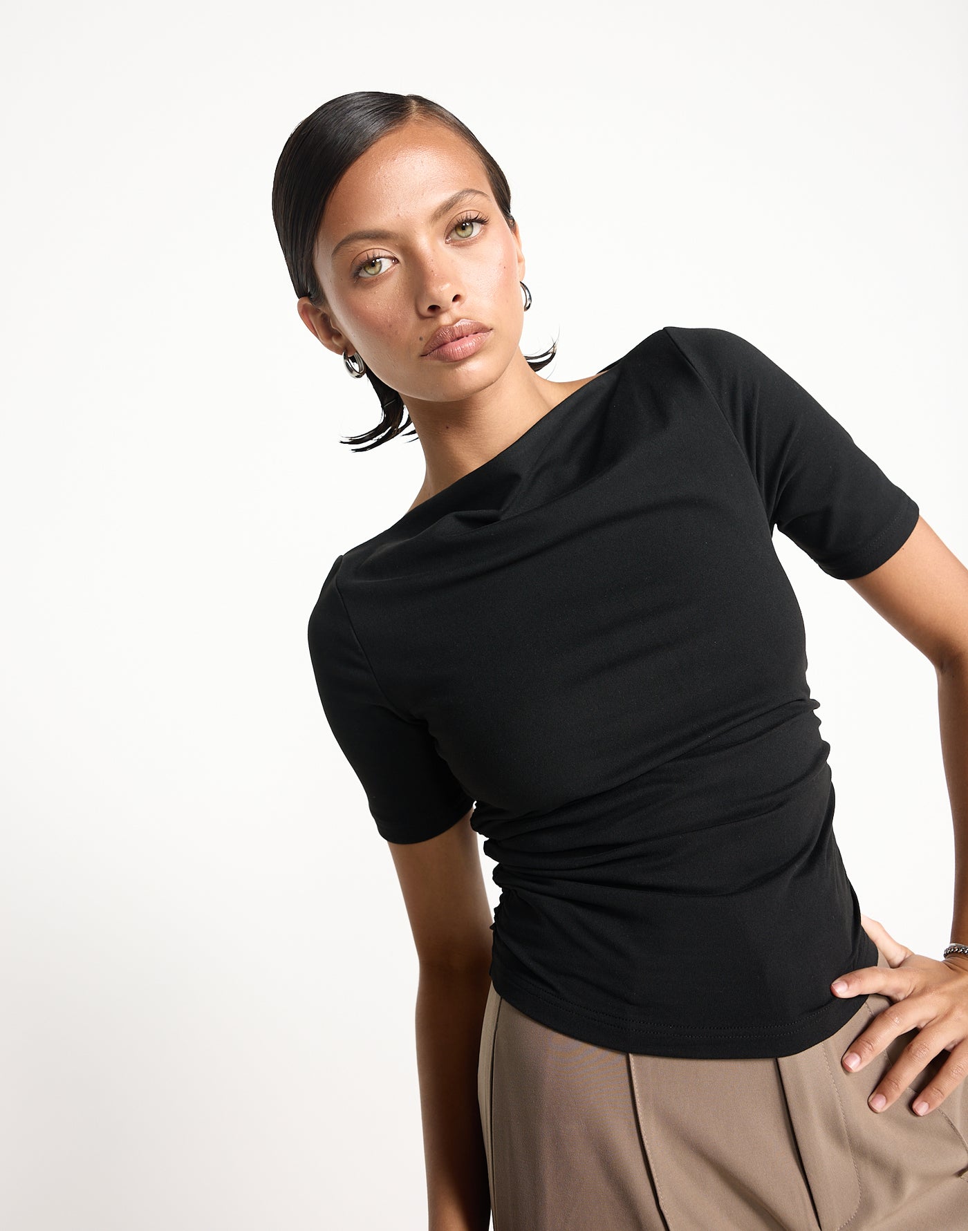Caprice Top (Black) | CHARCOAL EXCLUSIVE | Short sleeved bodycon butter jersey highneck top - Women's Top - Charcoal Clothing