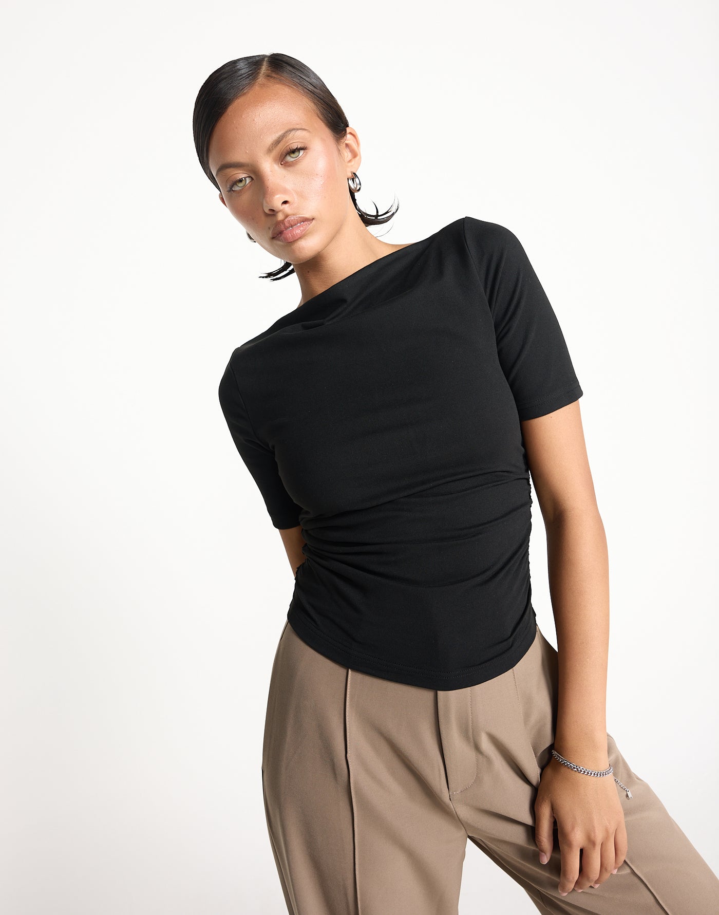 Caprice Top (Black) | CHARCOAL EXCLUSIVE | Short sleeved bodycon butter jersey highneck top - Women's Top - Charcoal Clothing