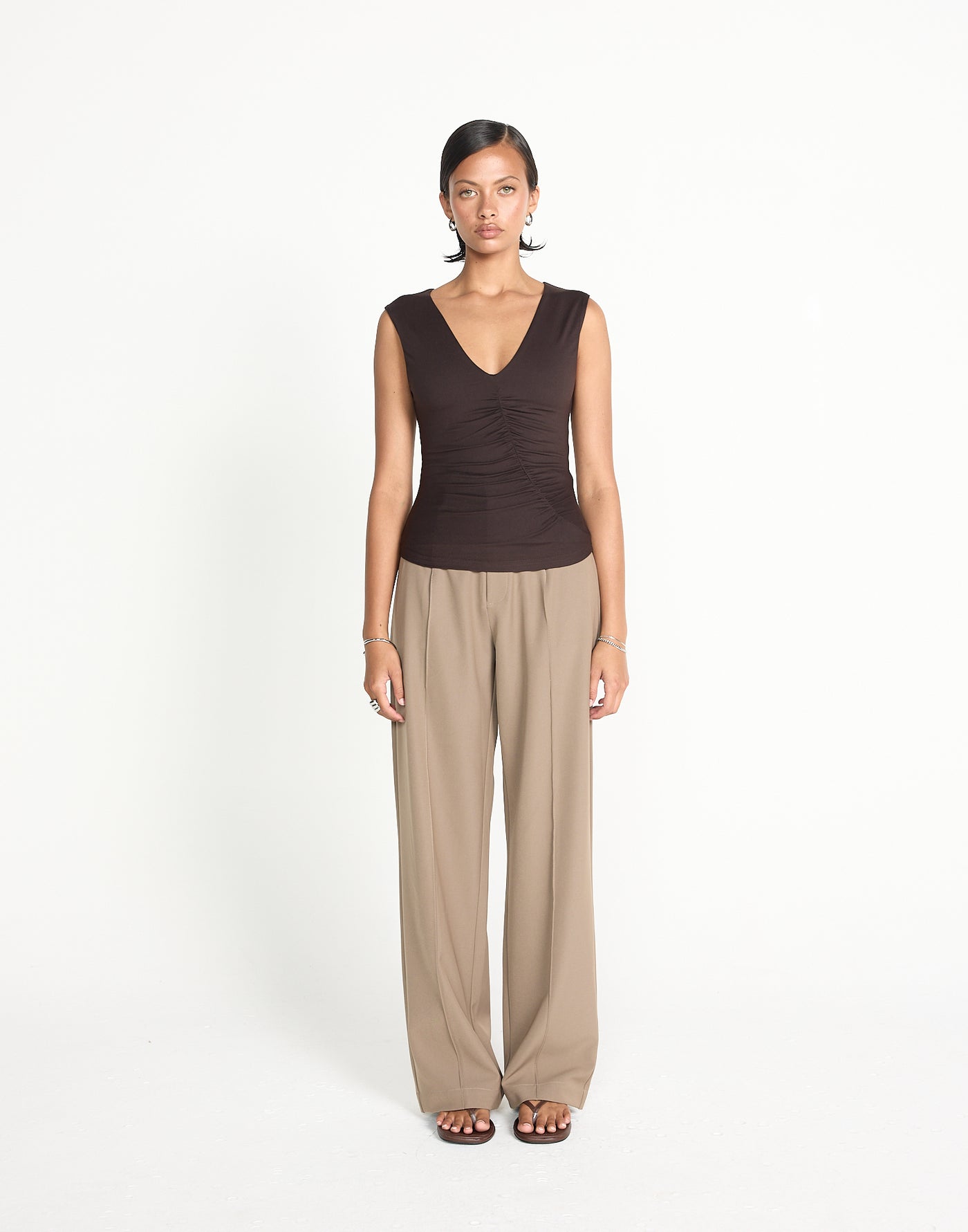 Brioni Top (Chocolate) | CHARCOAL EXCLUSIVE | Butter jersey v-neckline top - Women's Top - Charcoal Clothing