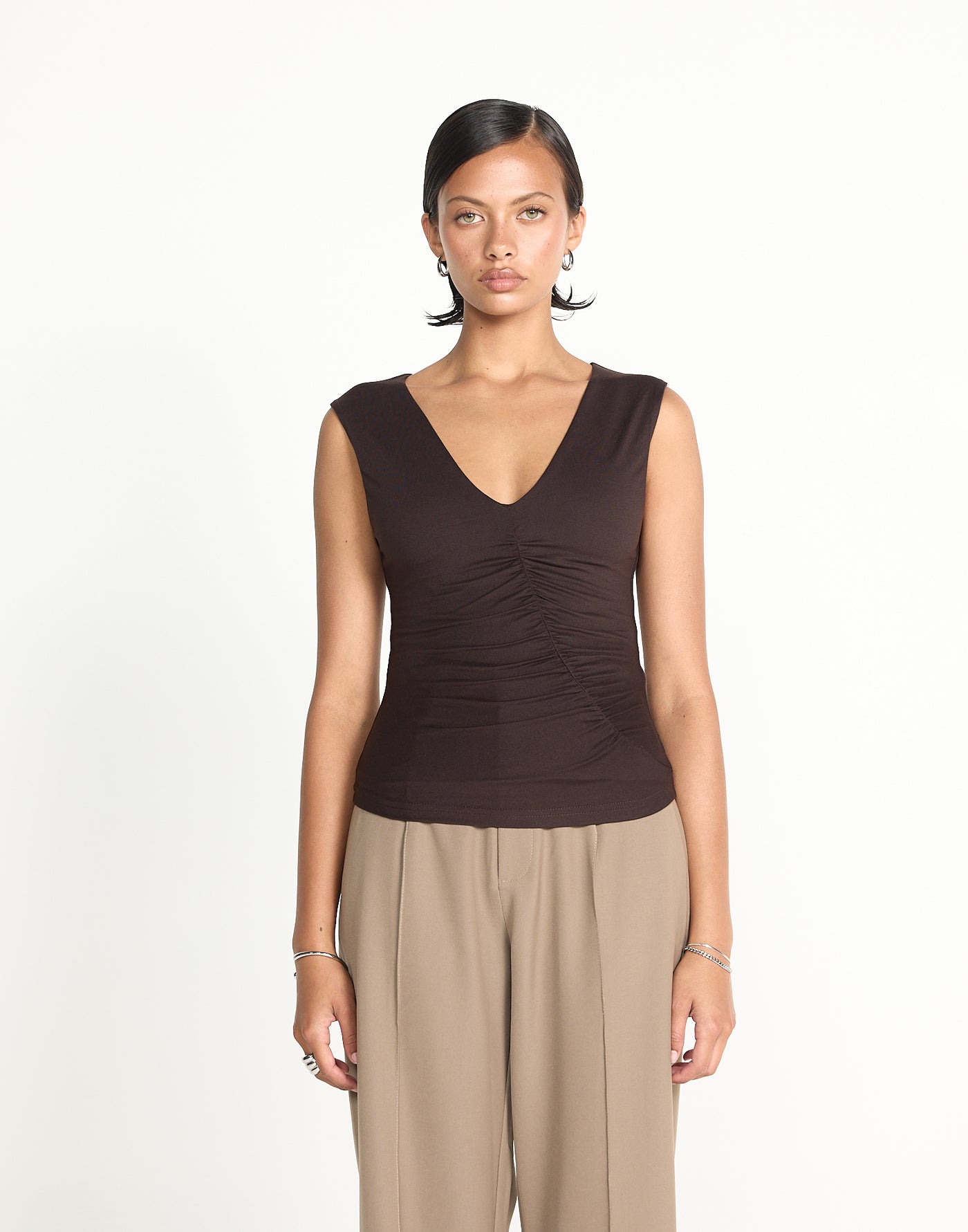 Brioni Top (Chocolate) | CHARCOAL EXCLUSIVE | Butter jersey v-neckline top - Women's Top - Charcoal Clothing