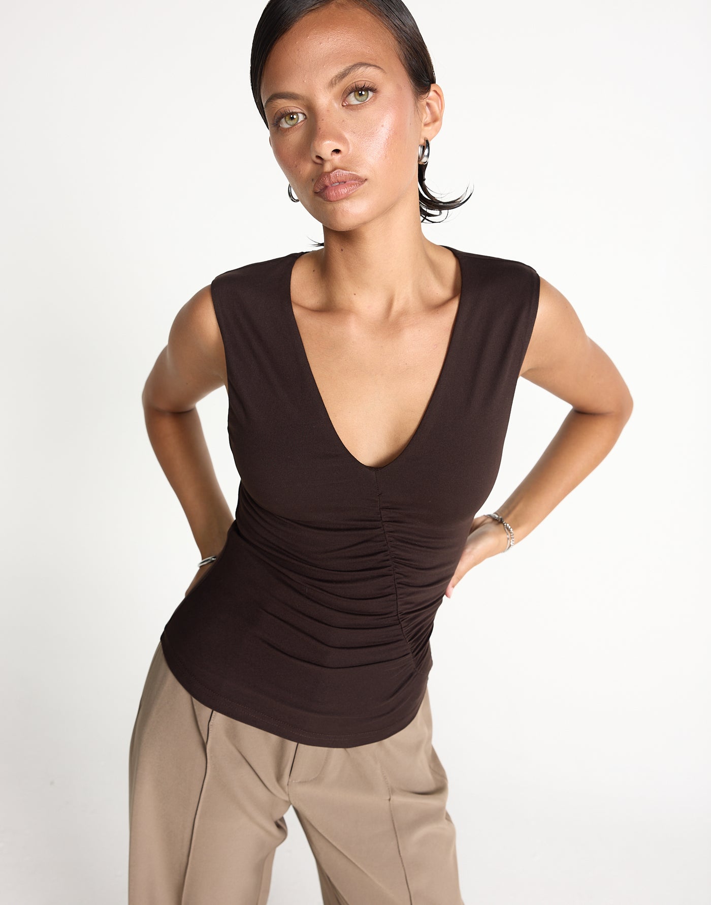 Brioni Top (Chocolate) | CHARCOAL EXCLUSIVE | Butter jersey v-neckline top - Women's Top - Charcoal Clothing