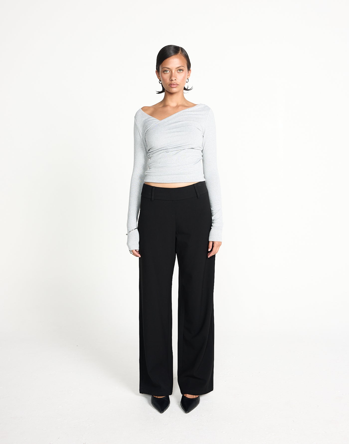 Twyla Long Sleeve Top (Grey Marle) | CHARCOAL EXCLUSIVE | Wrap style asymmetrical V-neckline long sleeve top - Women's Top - Charcoal Clothing
