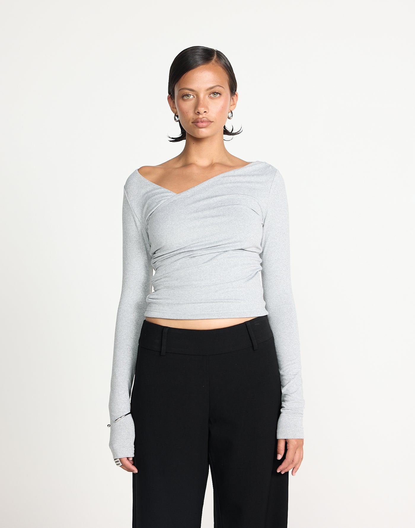 Twyla Long Sleeve Top (Grey Marle) | CHARCOAL EXCLUSIVE | Wrap style asymmetrical V-neckline long sleeve top - Women's Top - Charcoal Clothing