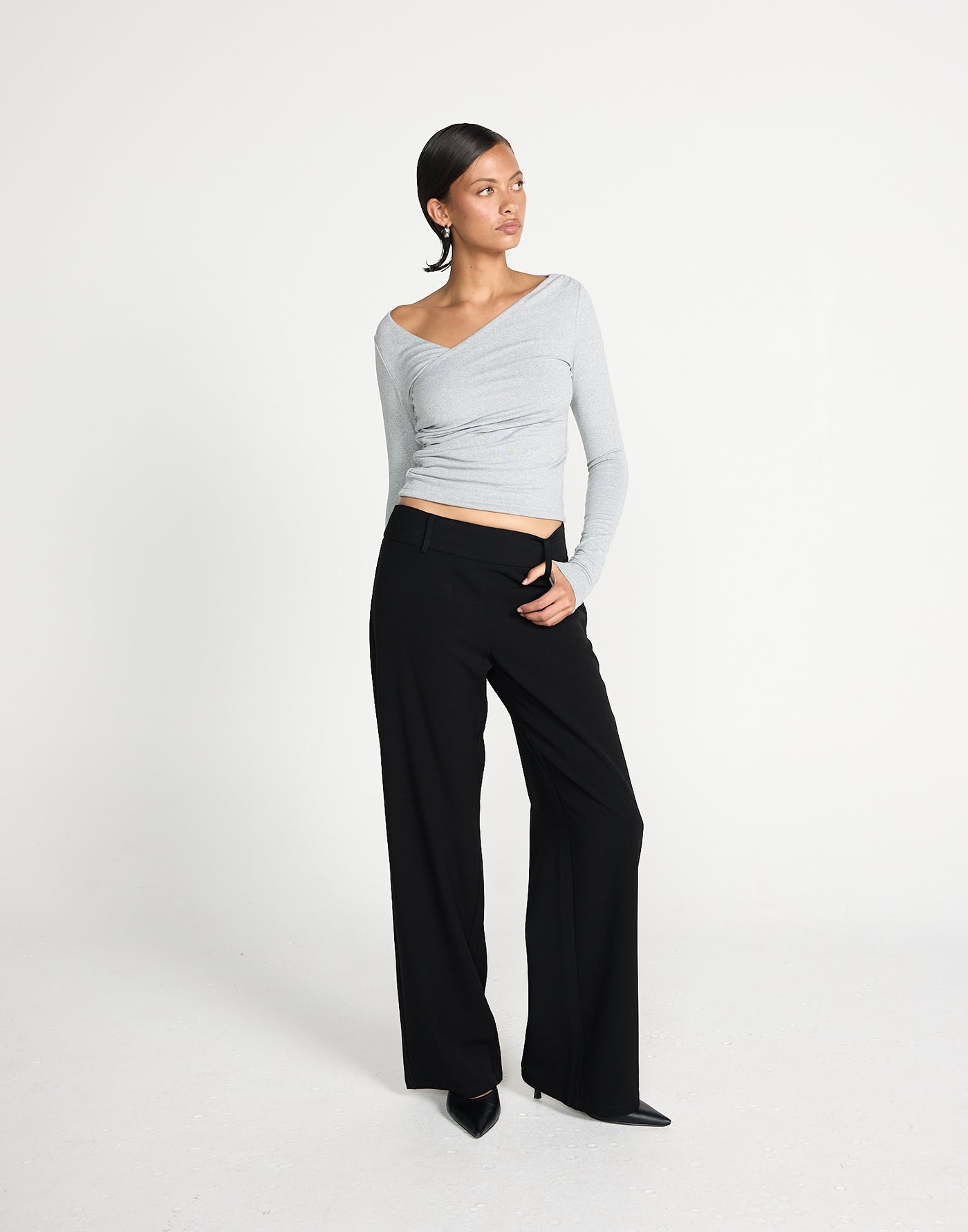 Twyla Long Sleeve Top (Grey Marle) | CHARCOAL EXCLUSIVE | Wrap style asymmetrical V-neckline long sleeve top - Women's Top - Charcoal Clothing