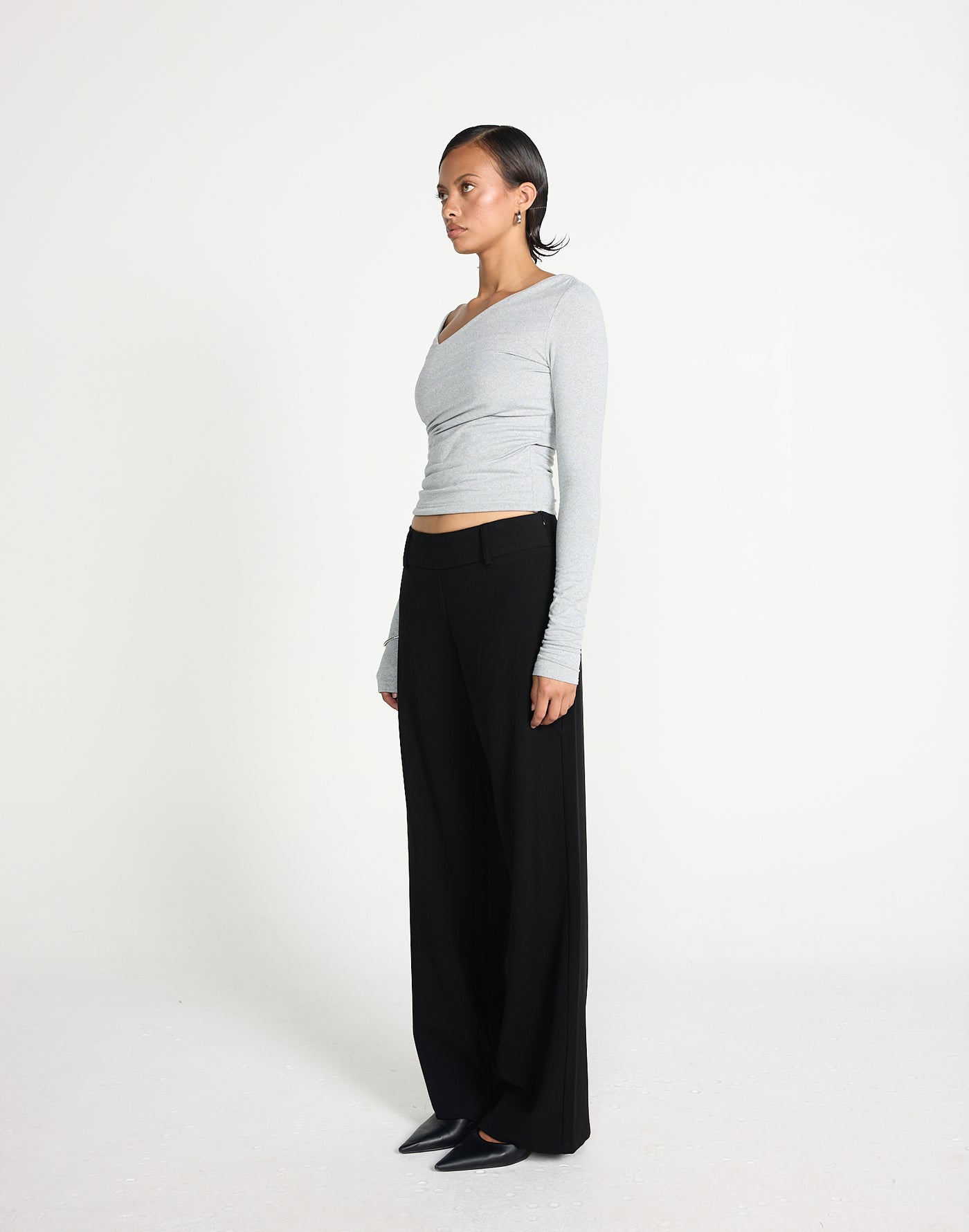 Twyla Long Sleeve Top (Grey Marle) | CHARCOAL EXCLUSIVE | Wrap style asymmetrical V-neckline long sleeve top - Women's Top - Charcoal Clothing