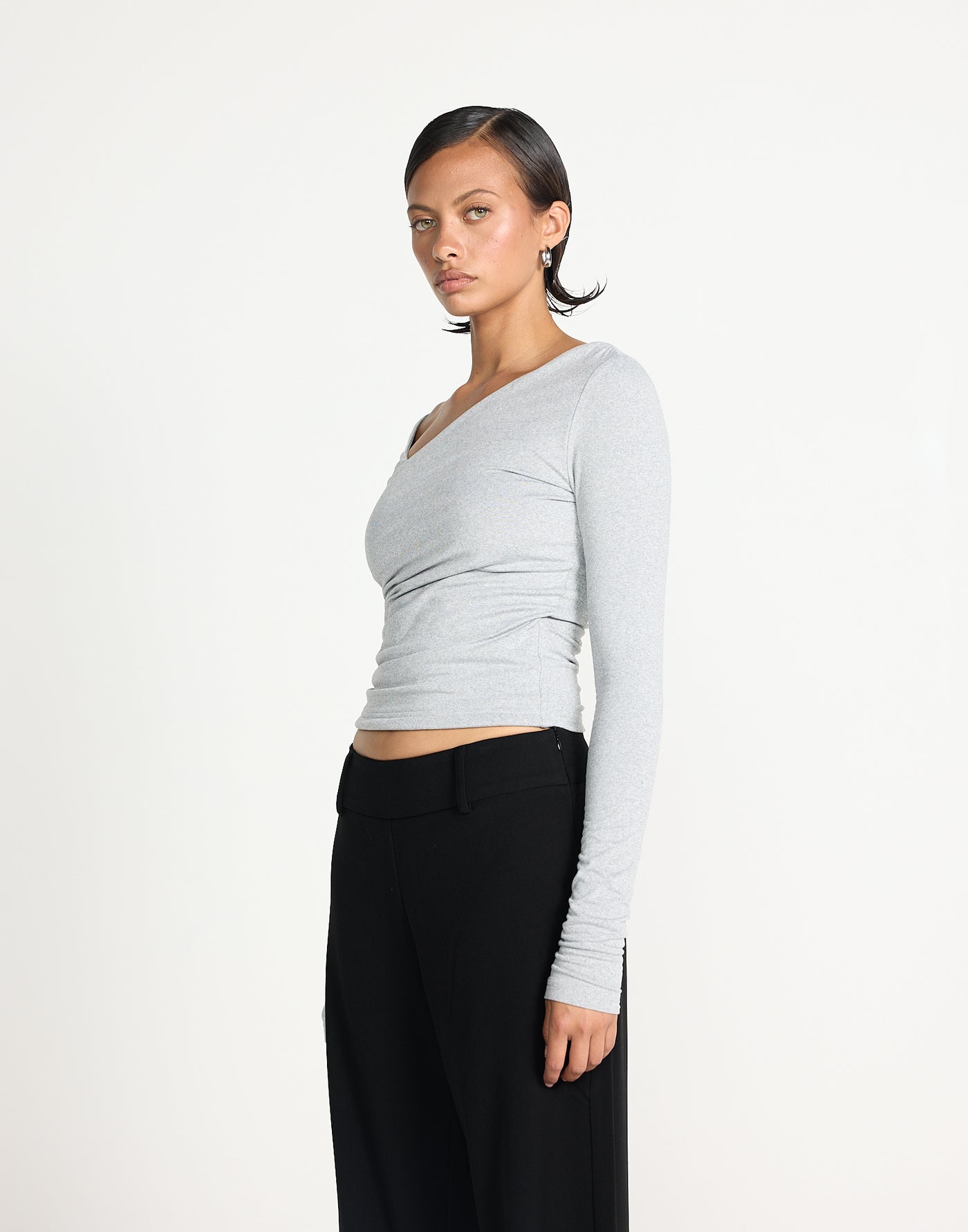 Twyla Long Sleeve Top (Grey Marle) | CHARCOAL EXCLUSIVE | Wrap style asymmetrical V-neckline long sleeve top - Women's Top - Charcoal Clothing