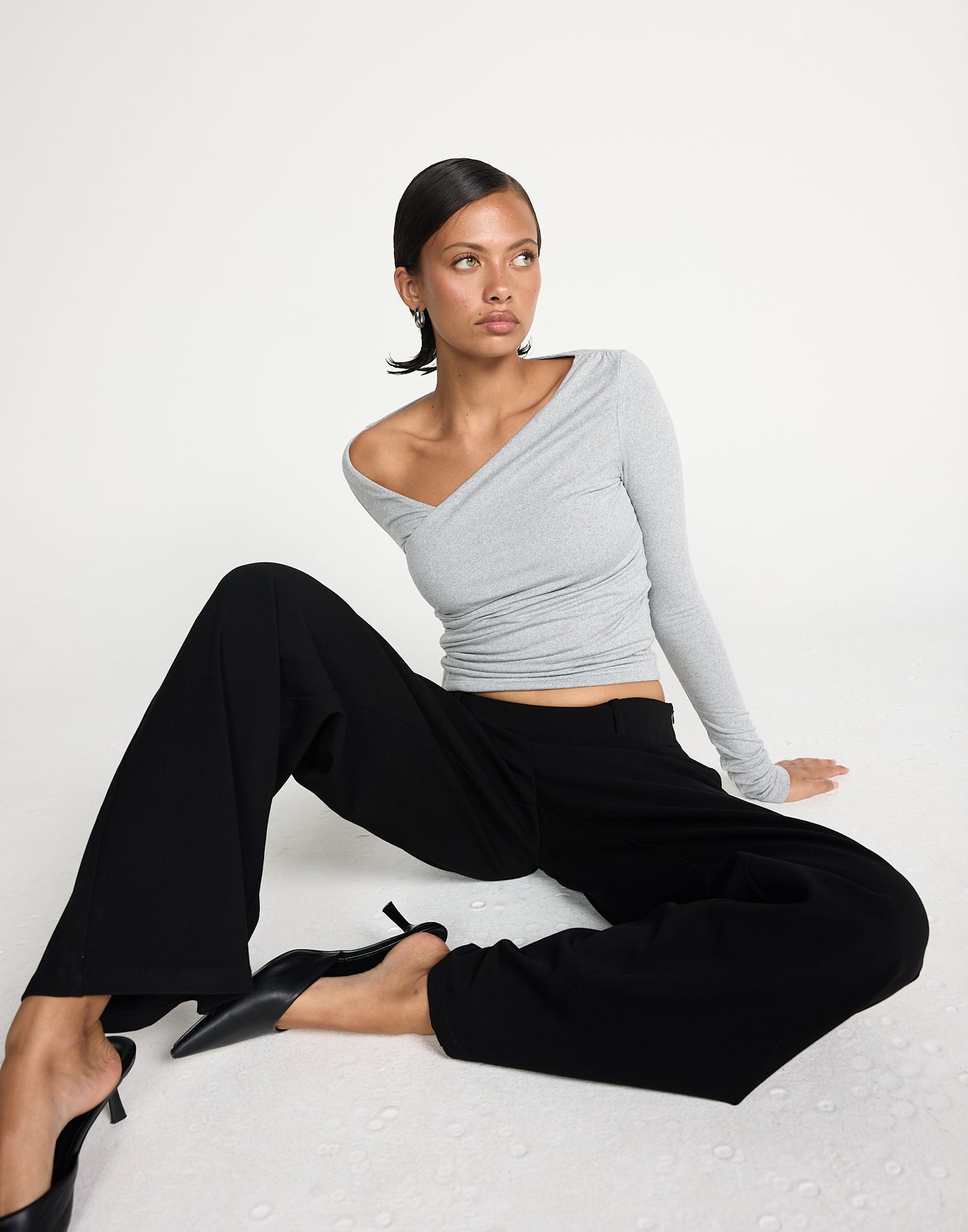 Twyla Long Sleeve Top (Grey Marle) | CHARCOAL EXCLUSIVE | Wrap style asymmetrical V-neckline long sleeve top - Women's Top - Charcoal Clothing