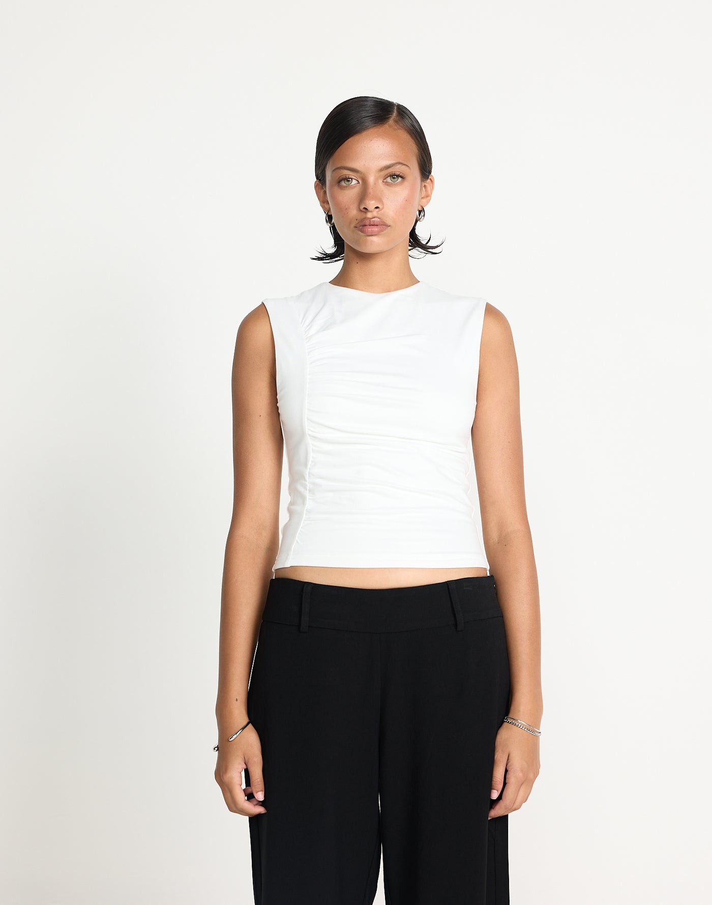 Hestia Top (White) | CHARCOAL EXCLUSIVE | Crew neckline tank style top with front gathering - Women's Top - Charcoal Clothing