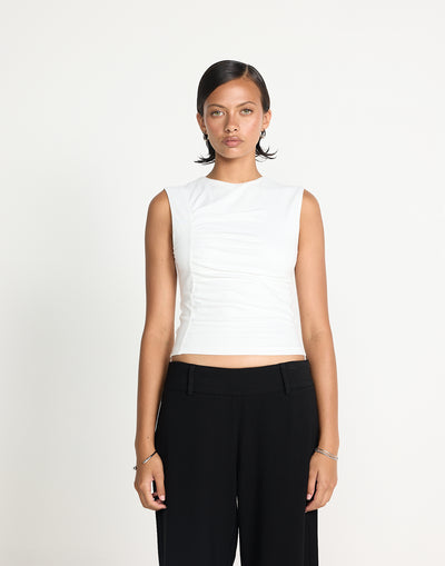 Hestia Top (White) | CHARCOAL EXCLUSIVE | Crew neckline tank style top with front gathering - Women's Top - Charcoal Clothing