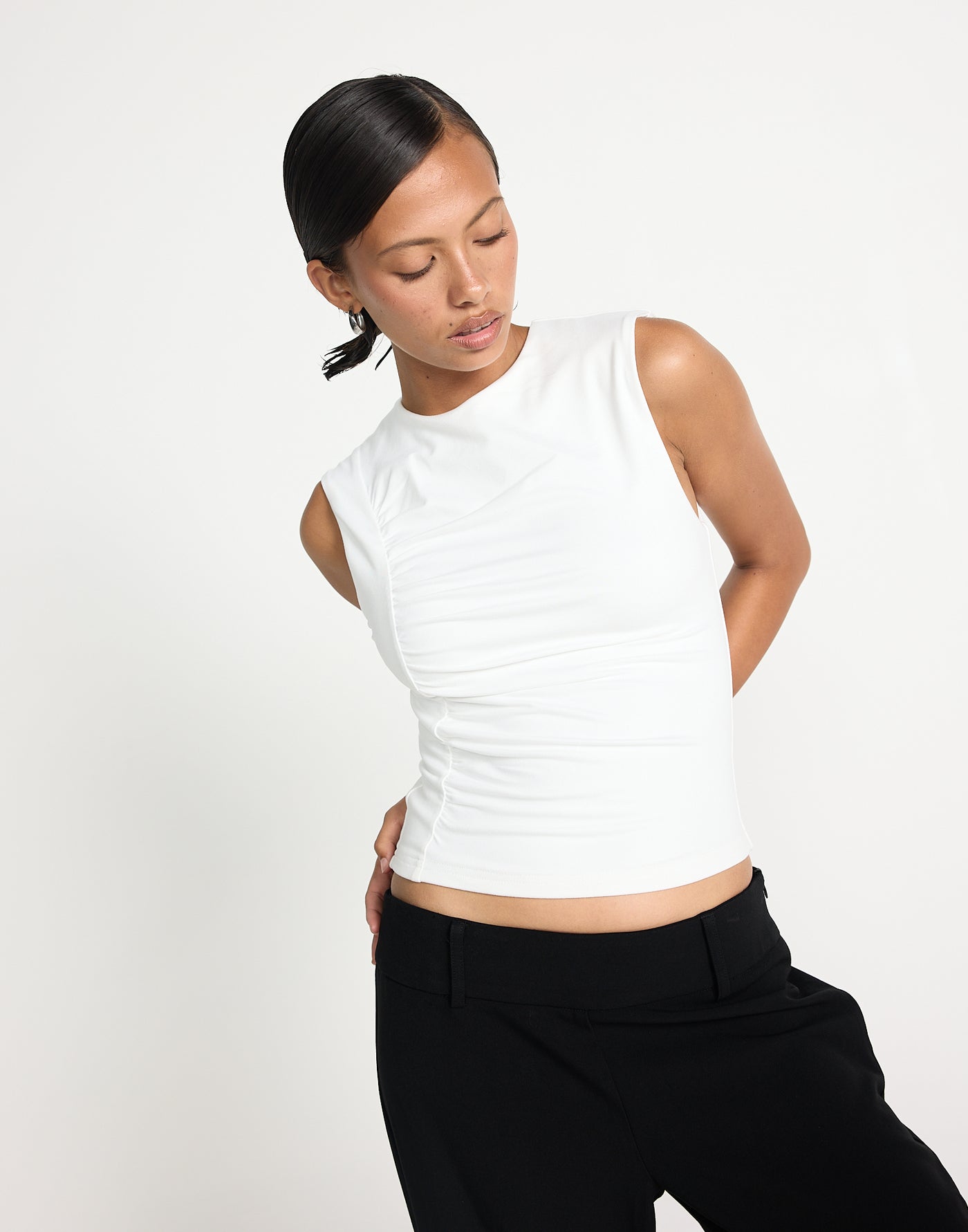 Hestia Top (White) | CHARCOAL EXCLUSIVE | Crew neckline tank style top with front gathering - Women's Top - Charcoal Clothing