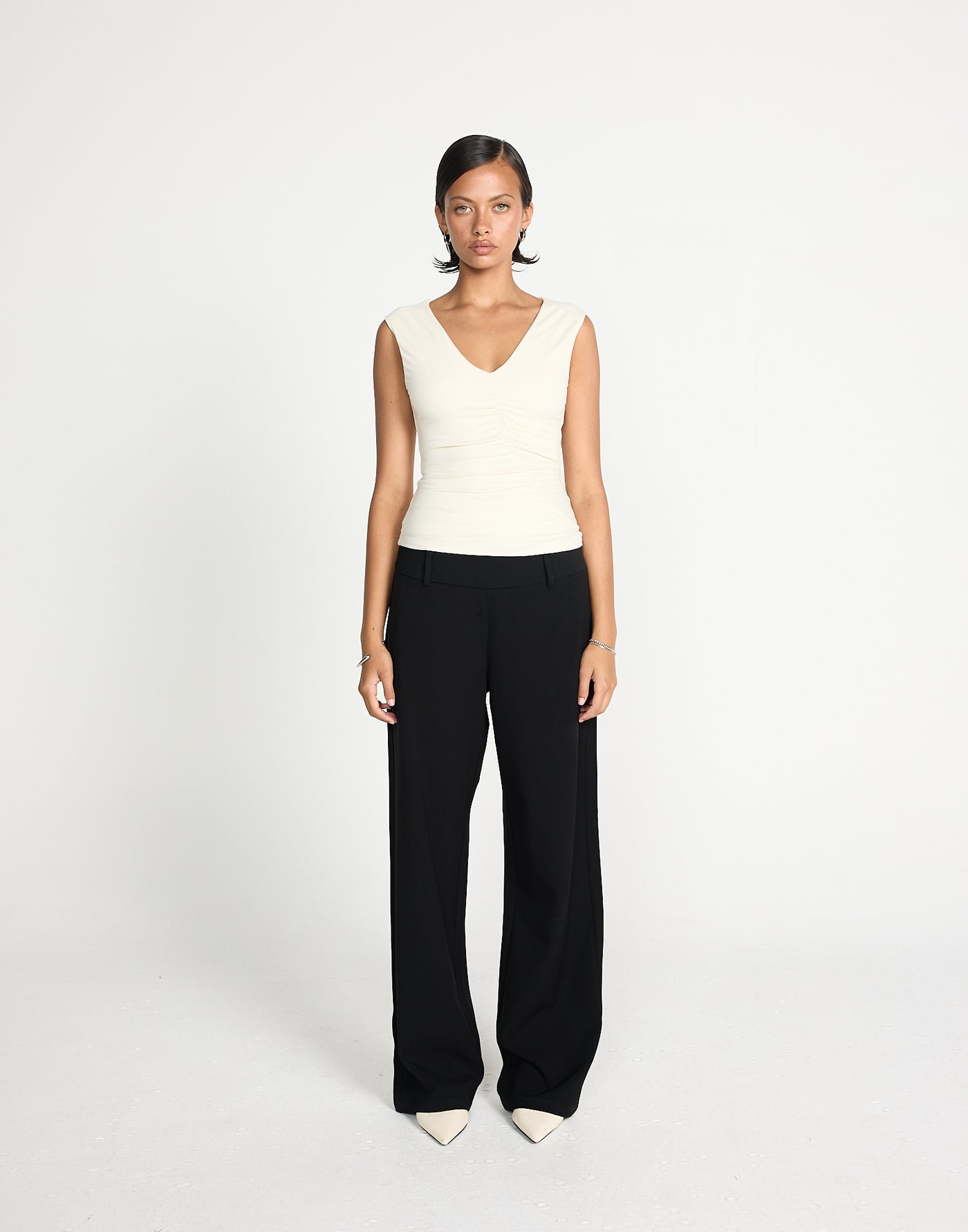Brioni Top (Oat) |. CHARCOAL EXCLUSIVE | V-neckline fitted butter jersey gathered top - Women's Top - Charcoal Clothing