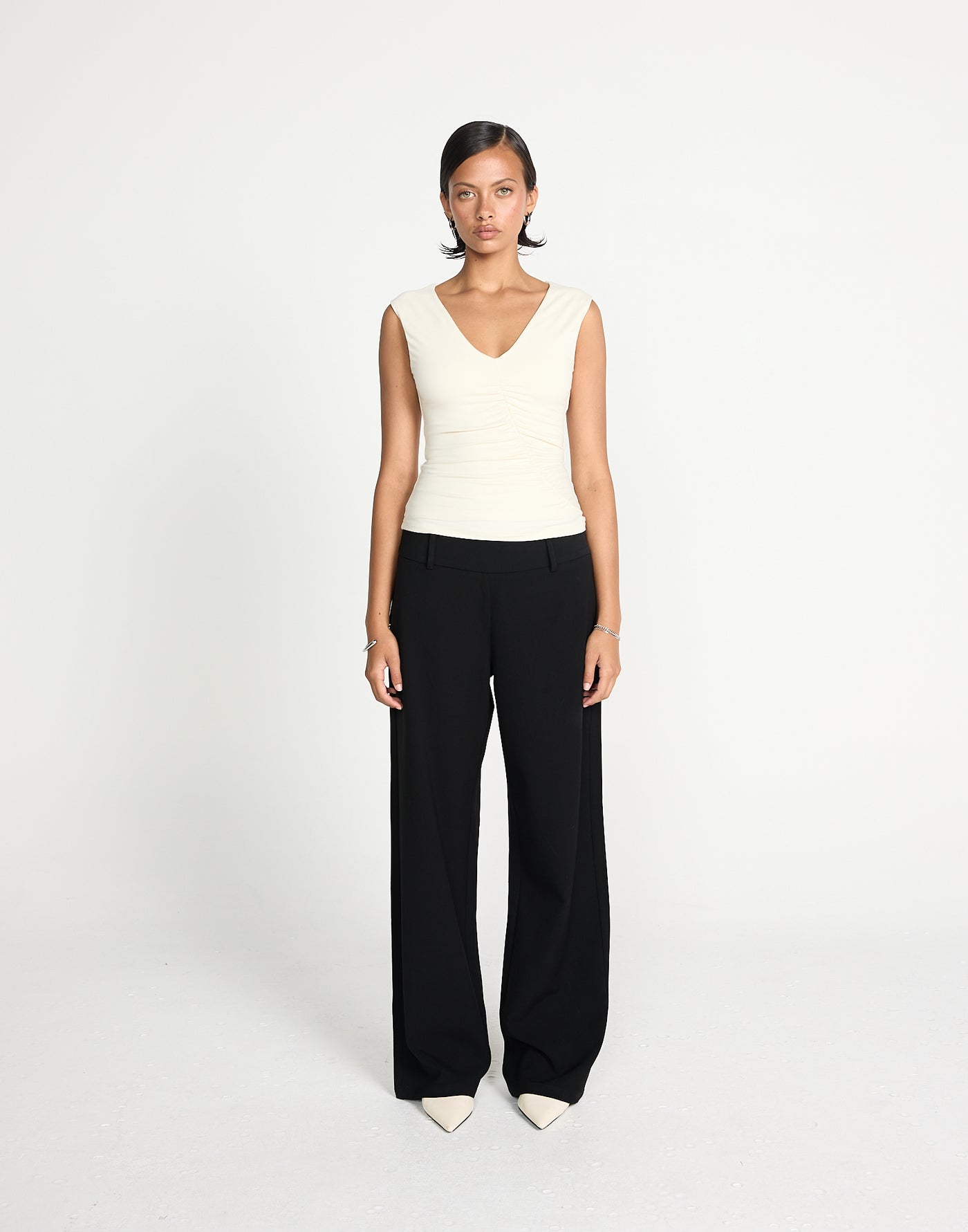 Brioni Top (Oat) |. CHARCOAL EXCLUSIVE | V-neckline fitted butter jersey gathered top - Women's Top - Charcoal Clothing