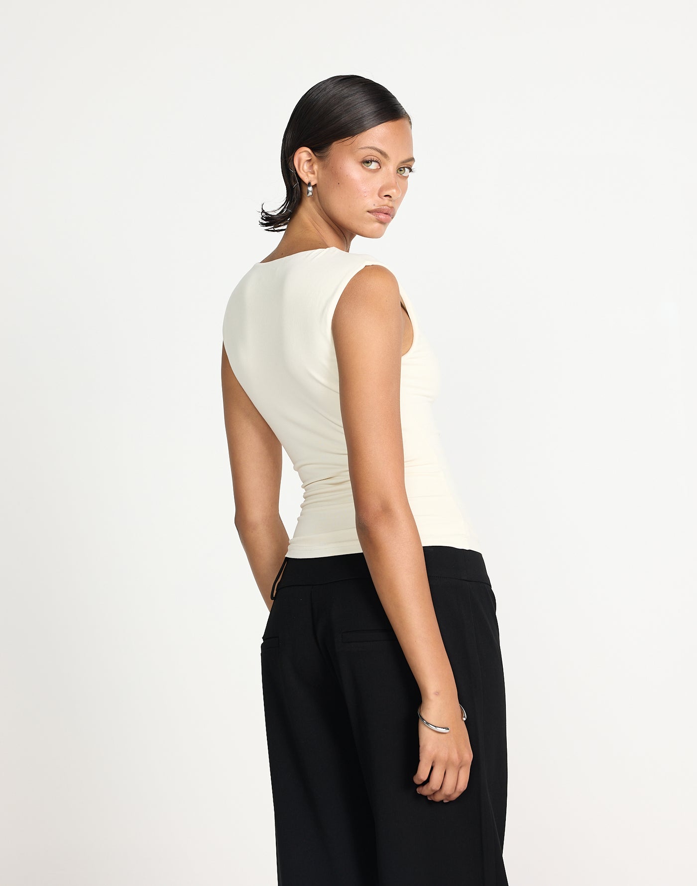 Brioni Top (Oat) |. CHARCOAL EXCLUSIVE | V-neckline fitted butter jersey gathered top - Women's Top - Charcoal Clothing