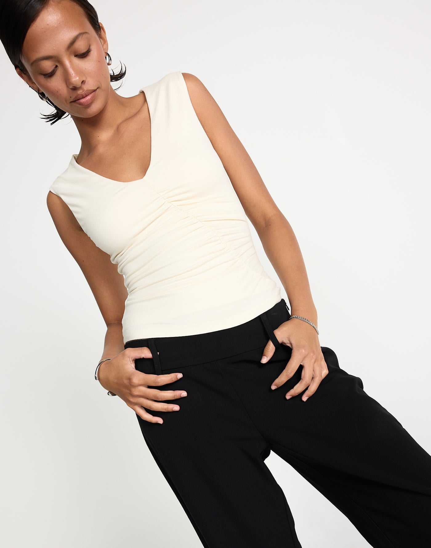 Brioni Top (Oat) |. CHARCOAL EXCLUSIVE | V-neckline fitted butter jersey gathered top - Women's Top - Charcoal Clothing