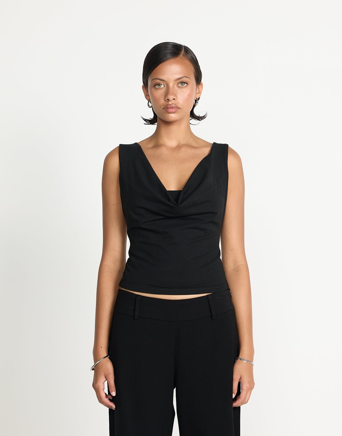 Josette Top (Black) | CHARCOAL EXCLUSIVE | Cowl neck butter jersey fabrication longline top - Women's Top - Charcoal Clothing