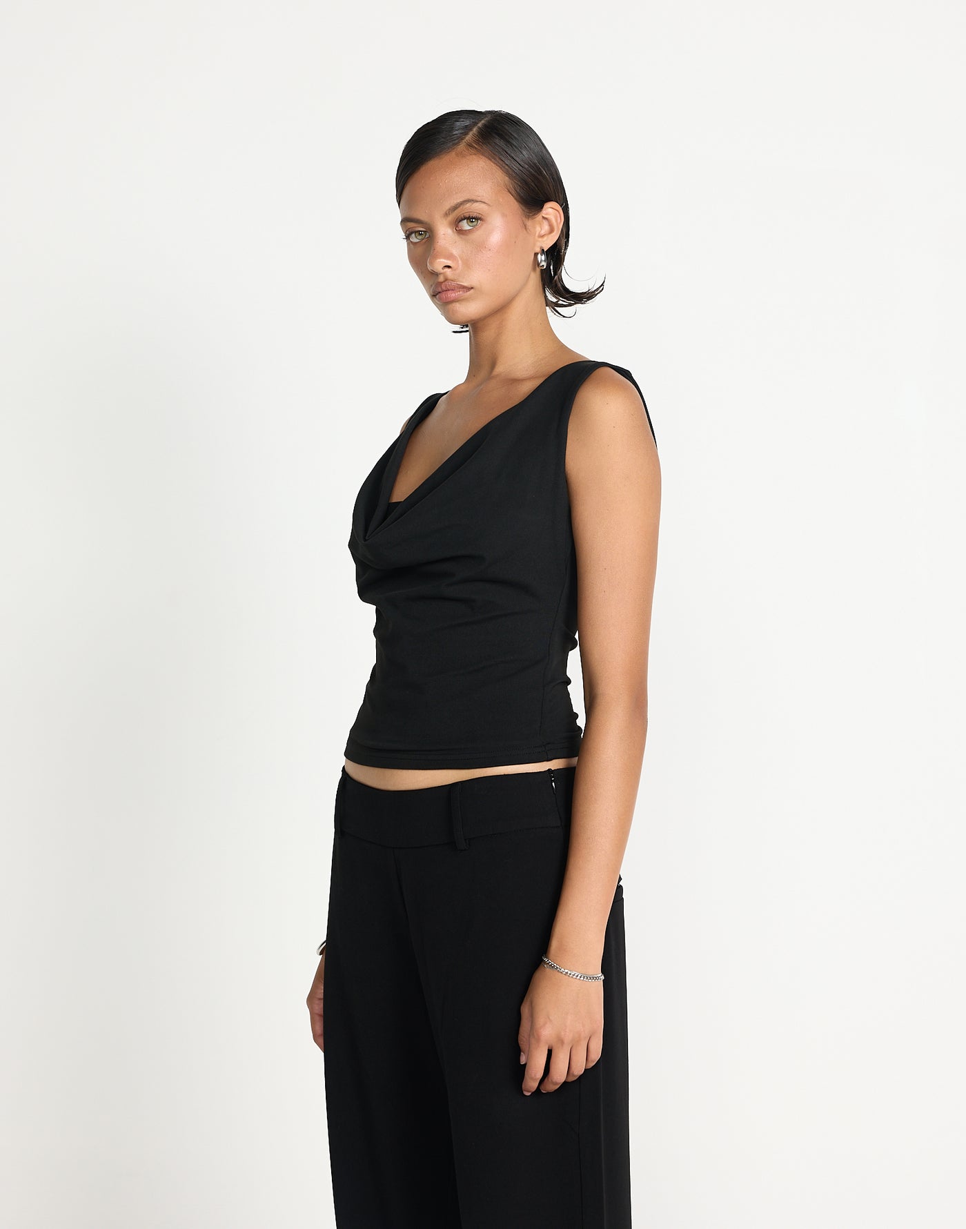 Josette Top (Black) | CHARCOAL EXCLUSIVE | Cowl neck butter jersey fabrication longline top - Women's Top - Charcoal Clothing