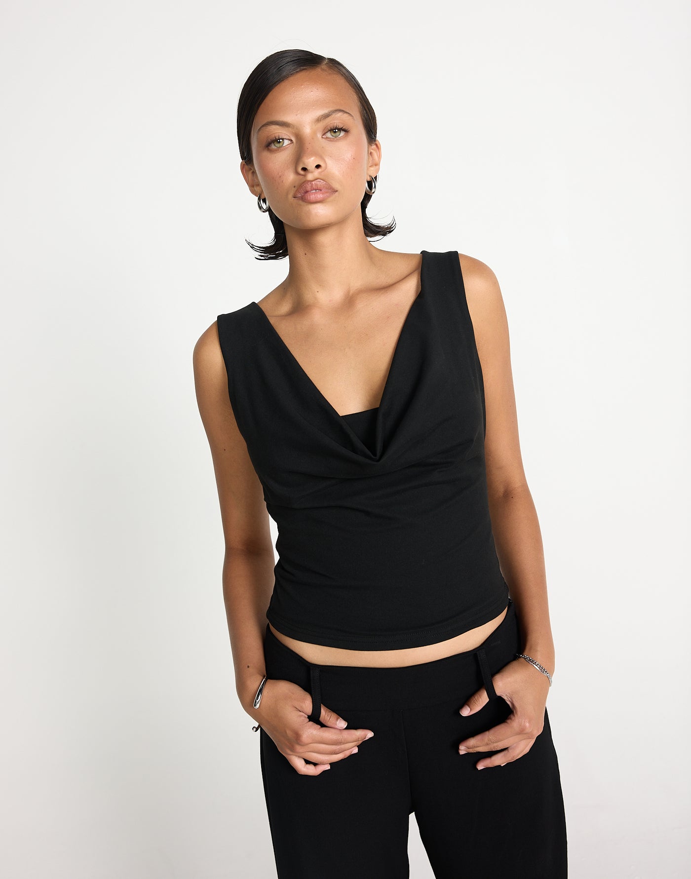 Josette Top (Black) | CHARCOAL EXCLUSIVE | Cowl neck butter jersey fabrication longline top - Women's Top - Charcoal Clothing