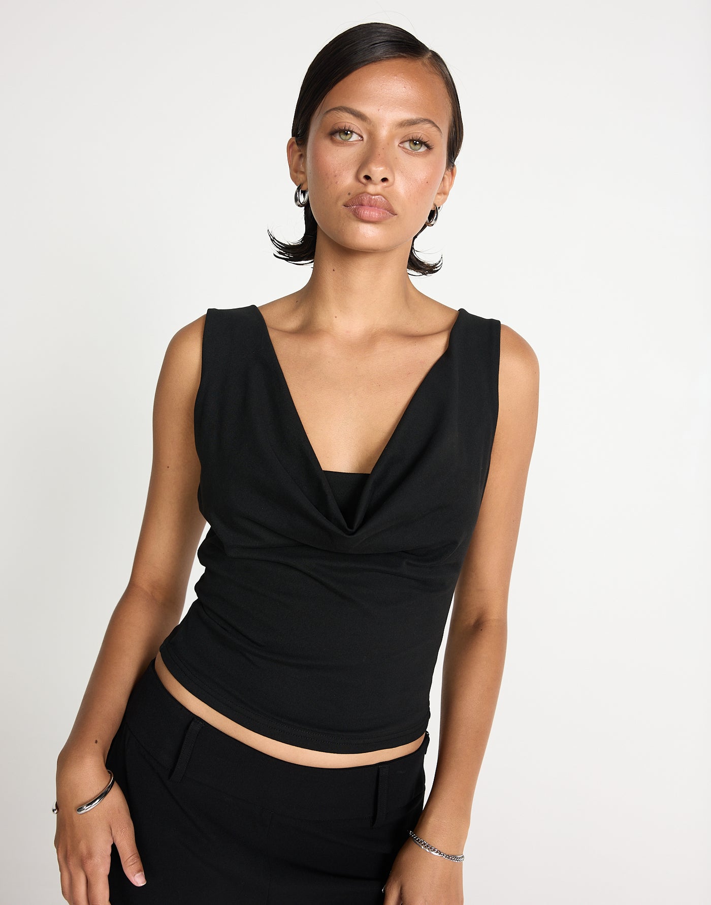 Josette Top (Black) | CHARCOAL EXCLUSIVE | Cowl neck butter jersey fabrication longline top - Women's Top - Charcoal Clothing