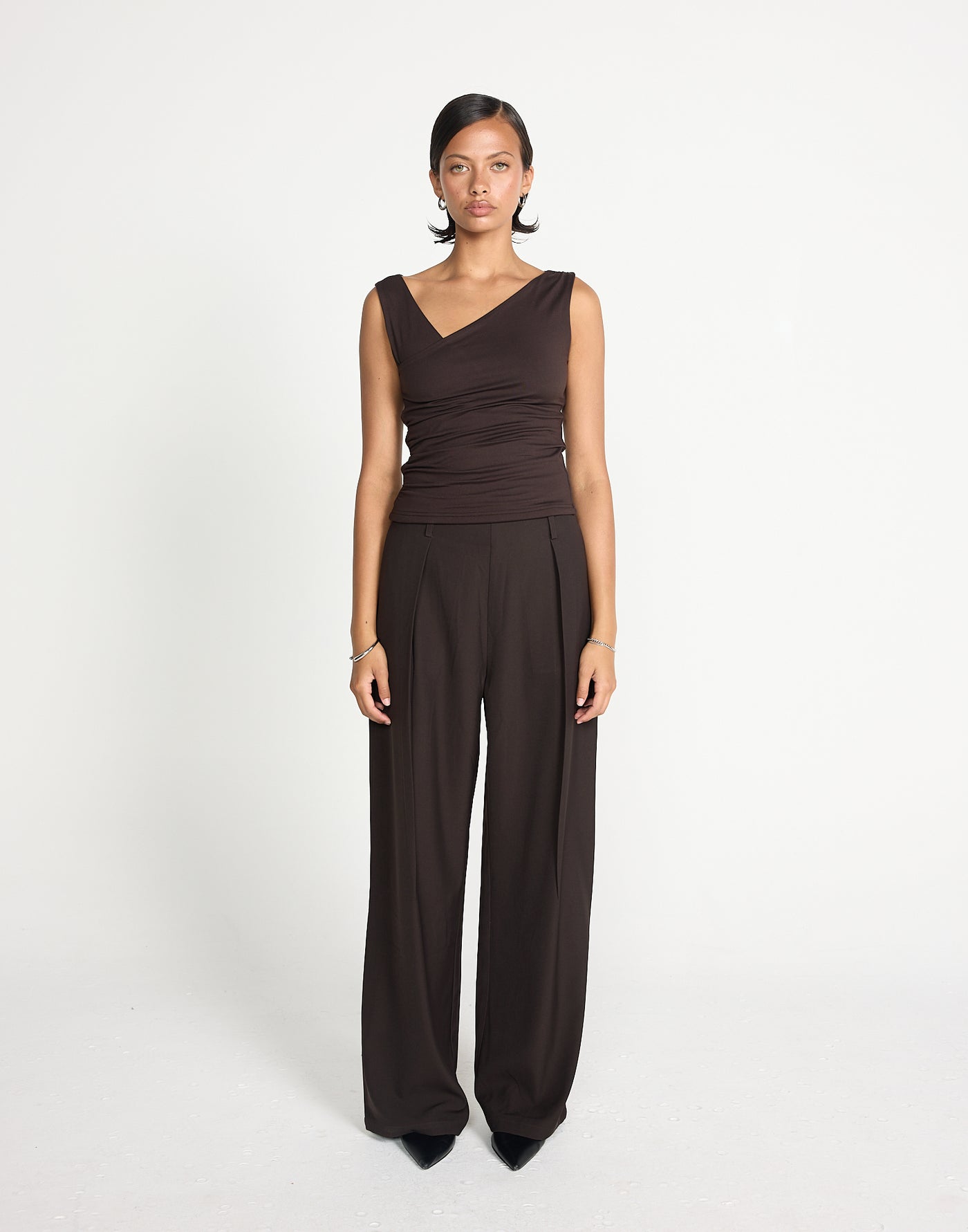 Twyla Top (Chocolate) | CHARCOAL EXCLUSIVE | Wrap style asymmetrical V-neckline top - Women's Top - Charcoal Clothing