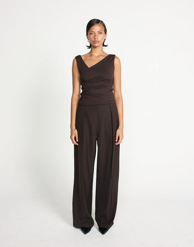 Twyla Top (Chocolate) | CHARCOAL EXCLUSIVE | Wrap style asymmetrical V-neckline top - Women's Top - Charcoal Clothing