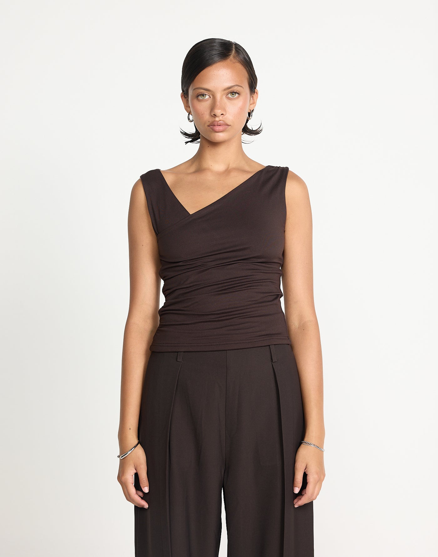 Twyla Top (Chocolate) | CHARCOAL EXCLUSIVE | Wrap style asymmetrical V-neckline top - Women's Top - Charcoal Clothing