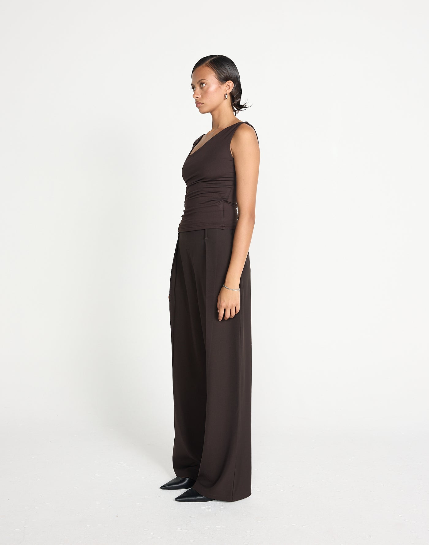 Twyla Top (Chocolate) | CHARCOAL EXCLUSIVE | Wrap style asymmetrical V-neckline top - Women's Top - Charcoal Clothing