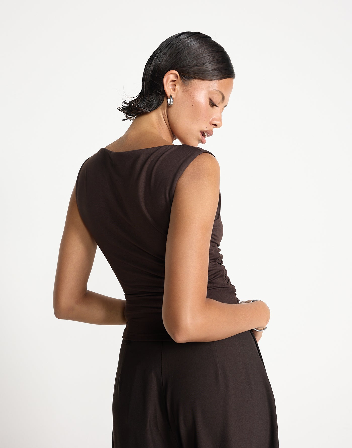Twyla Top (Chocolate) | CHARCOAL EXCLUSIVE | Wrap style asymmetrical V-neckline top - Women's Top - Charcoal Clothing