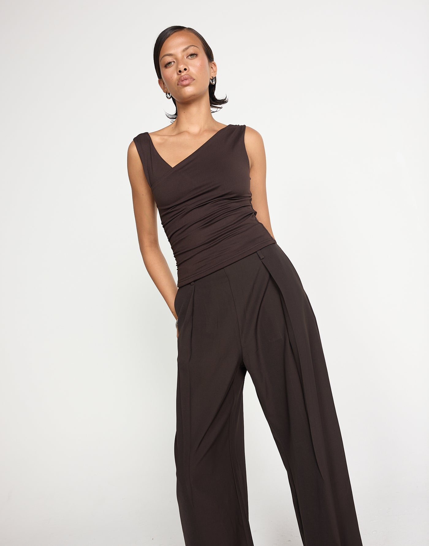 Twyla Top (Chocolate) | CHARCOAL EXCLUSIVE | Wrap style asymmetrical V-neckline top - Women's Top - Charcoal Clothing