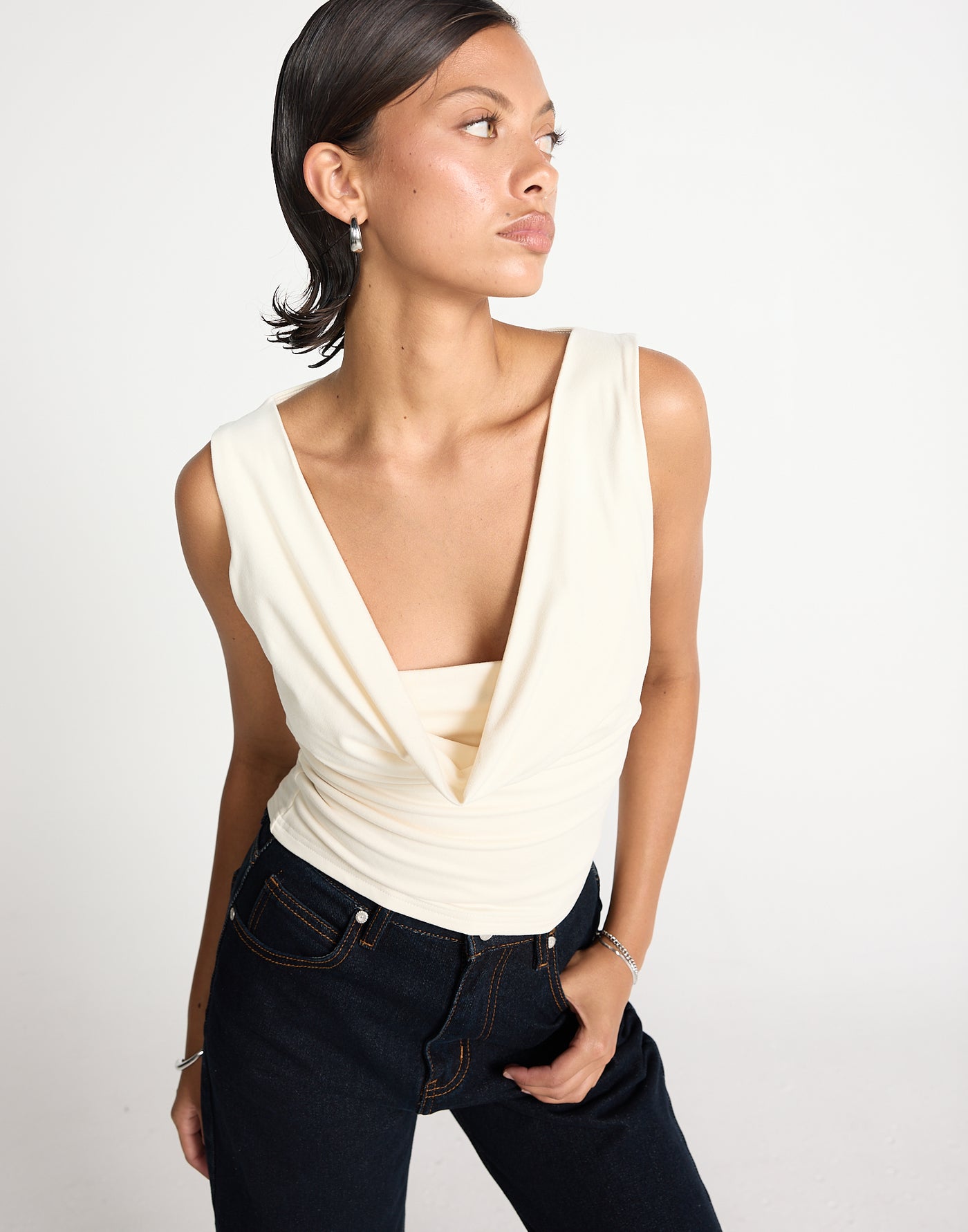 Josette Top (Oat) | CHARCOAL EXCLUSIVE | Cowl neck butter jersey fabrication longline top - Women's Top - Charcoal Clothing