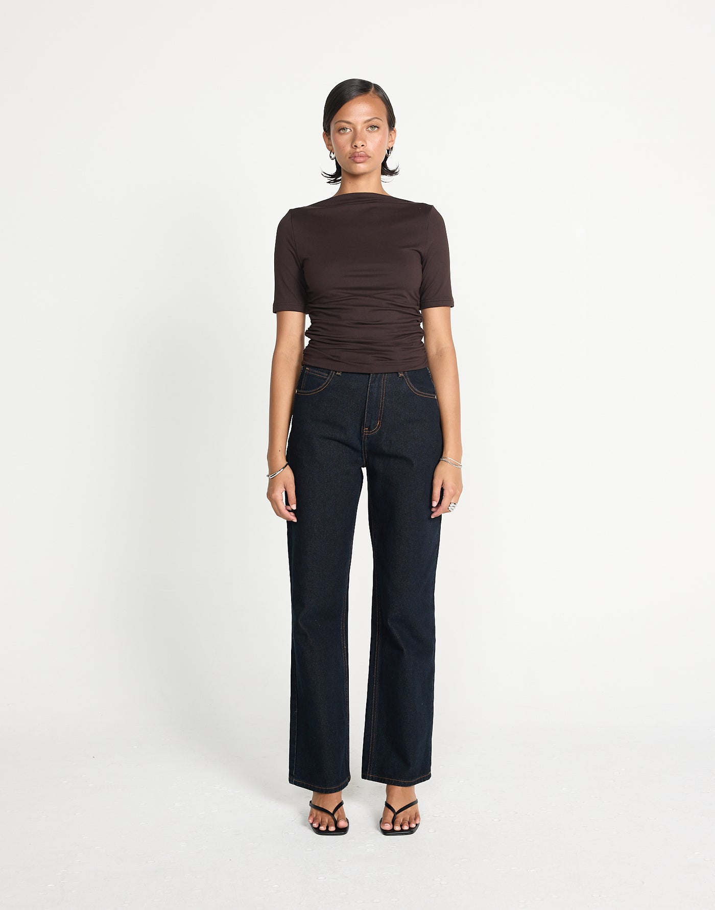 Caprice Top (Chocolate) | CHARCOAL EXCLUSIVE | Short sleeved bodycon butter jersey highneck top - Women's Top - Charcoal Clothing