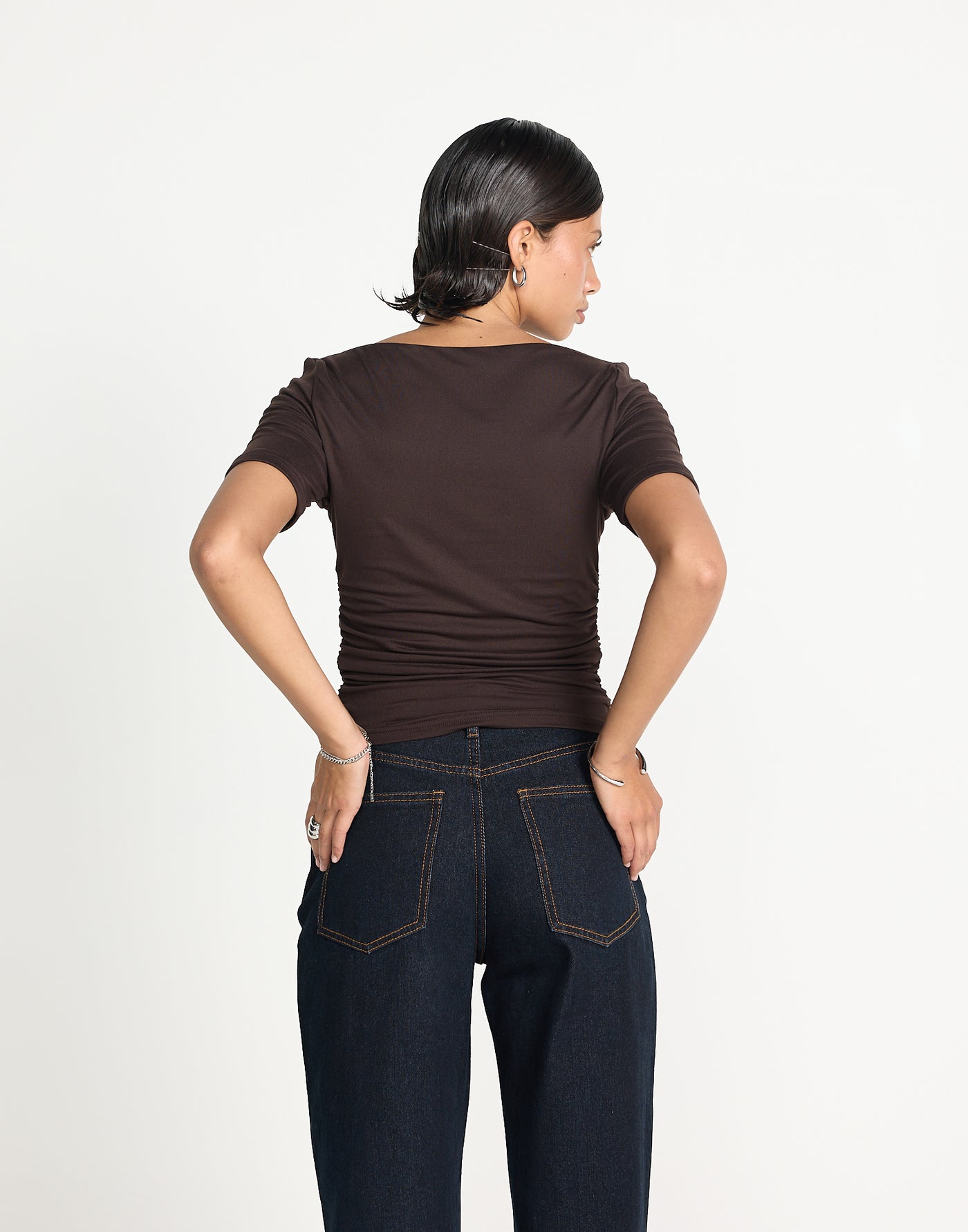 Caprice Top (Chocolate) | CHARCOAL EXCLUSIVE | Short sleeved bodycon butter jersey highneck top - Women's Top - Charcoal Clothing