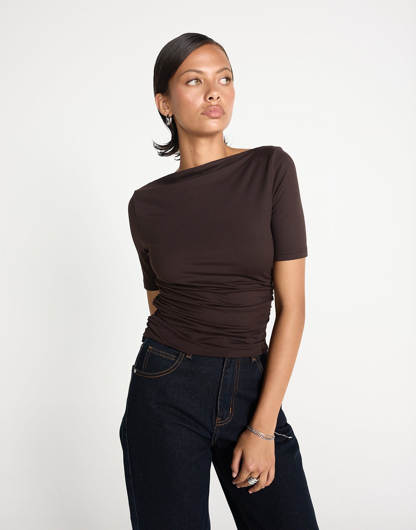 Caprice Top (Chocolate) | CHARCOAL EXCLUSIVE | Short sleeved bodycon butter jersey highneck top - Women's Top - Charcoal Clothing