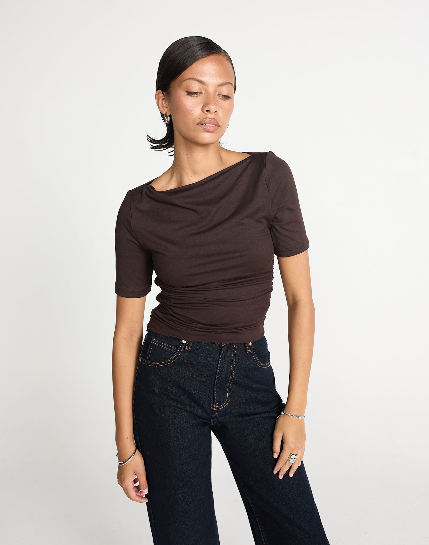 Caprice Top (Chocolate) | CHARCOAL EXCLUSIVE | Short sleeved bodycon butter jersey highneck top - Women's Top - Charcoal Clothing