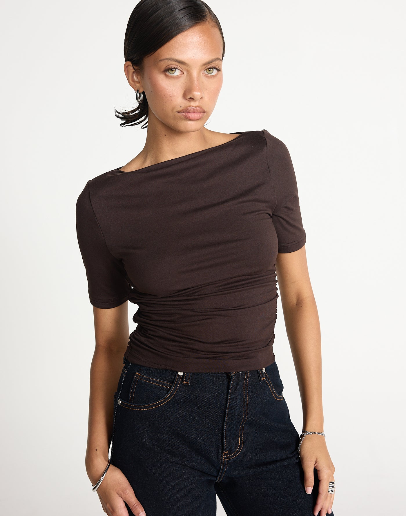 Caprice Top (Chocolate) | CHARCOAL EXCLUSIVE | Short sleeved bodycon butter jersey highneck top - Women's Top - Charcoal Clothing