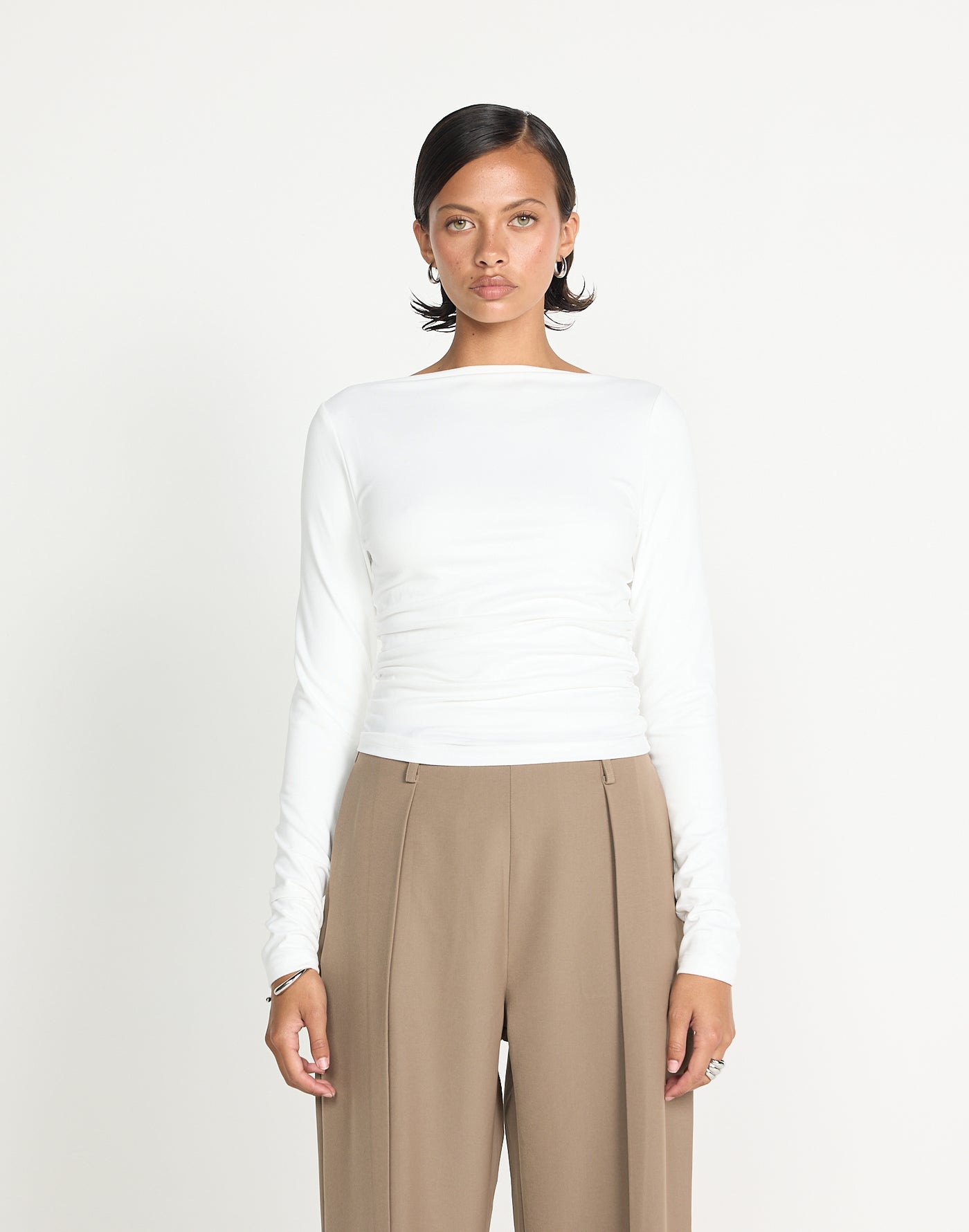 Caprice Long Sleeve Top (White)| CHARCOAL EXCLUSIVE | Long sleeve bodycon buttery jersey fitted top - Women's Top - Charcoal Clothing