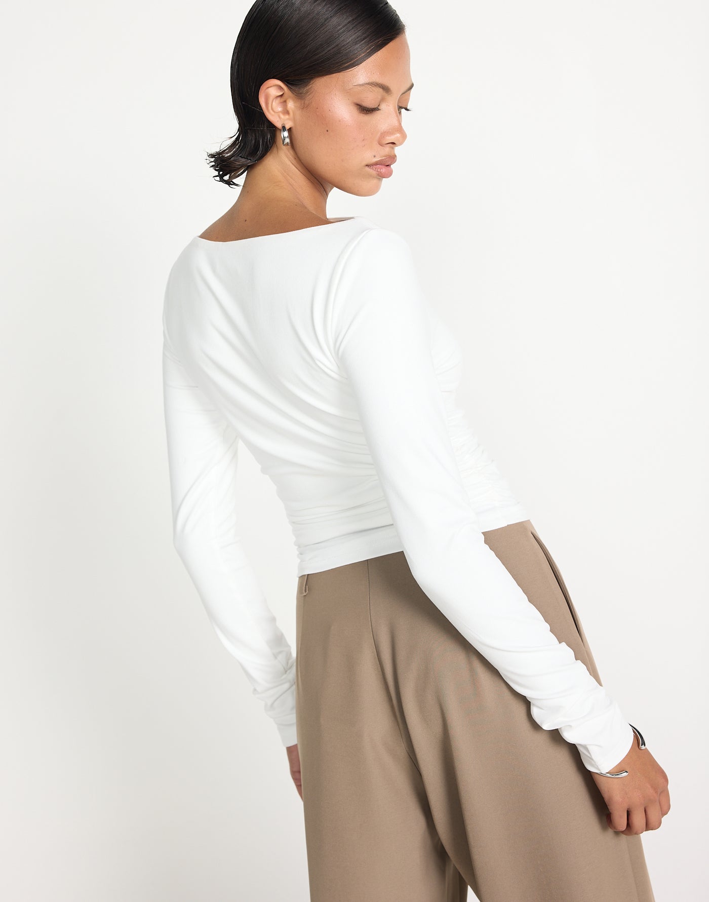 Caprice Long Sleeve Top (White)| CHARCOAL EXCLUSIVE | Long sleeve bodycon buttery jersey fitted top - Women's Top - Charcoal Clothing