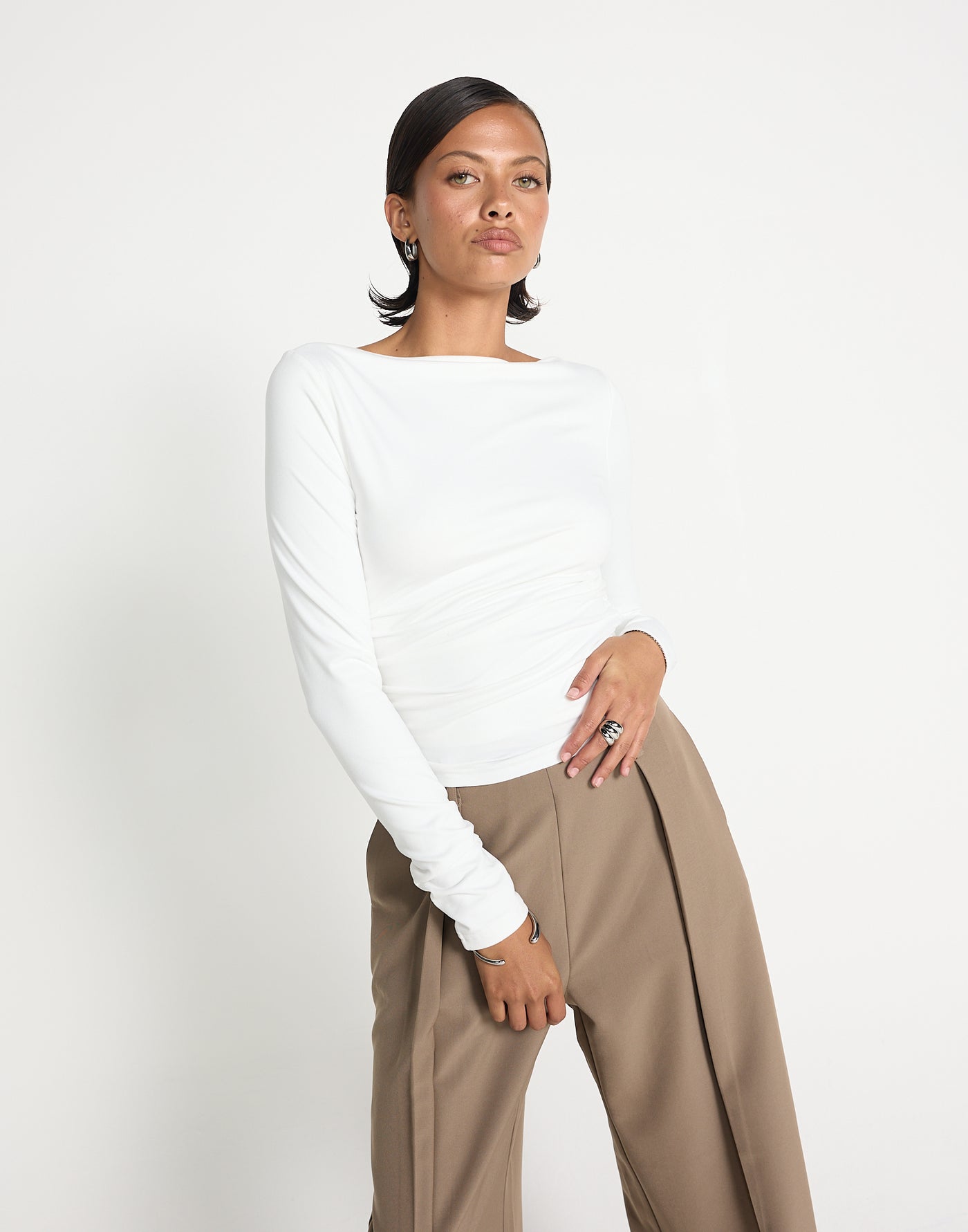 Caprice Long Sleeve Top (White)| CHARCOAL EXCLUSIVE | Long sleeve bodycon buttery jersey fitted top - Women's Top - Charcoal Clothing
