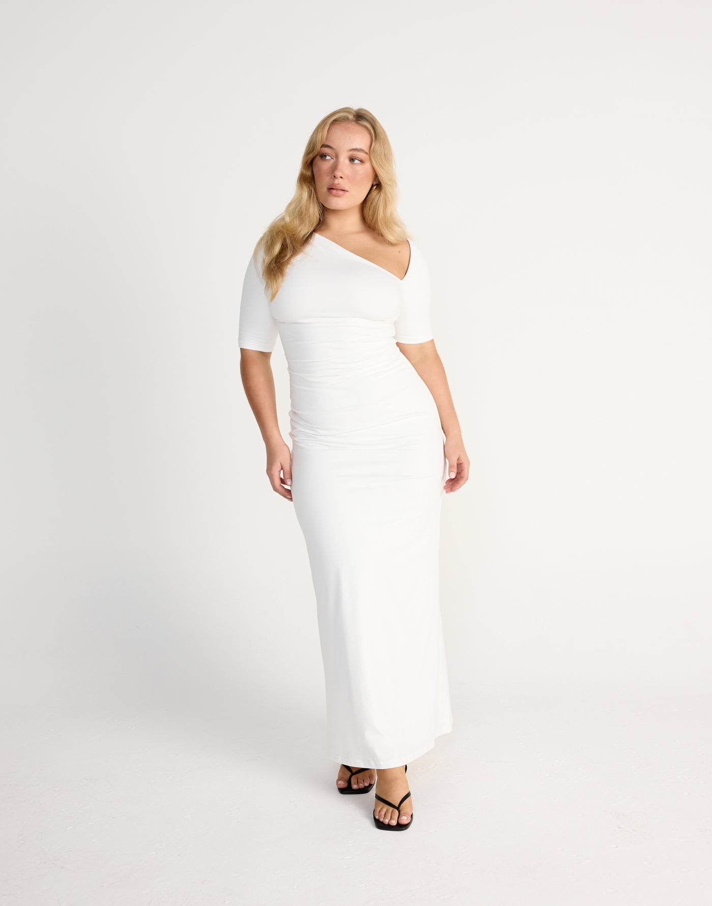 Vilma Maxi Dress (White) | CHARCOAL Exclusive - Asymmetrical Neckline - Women's Dress - Charcoal Clothing