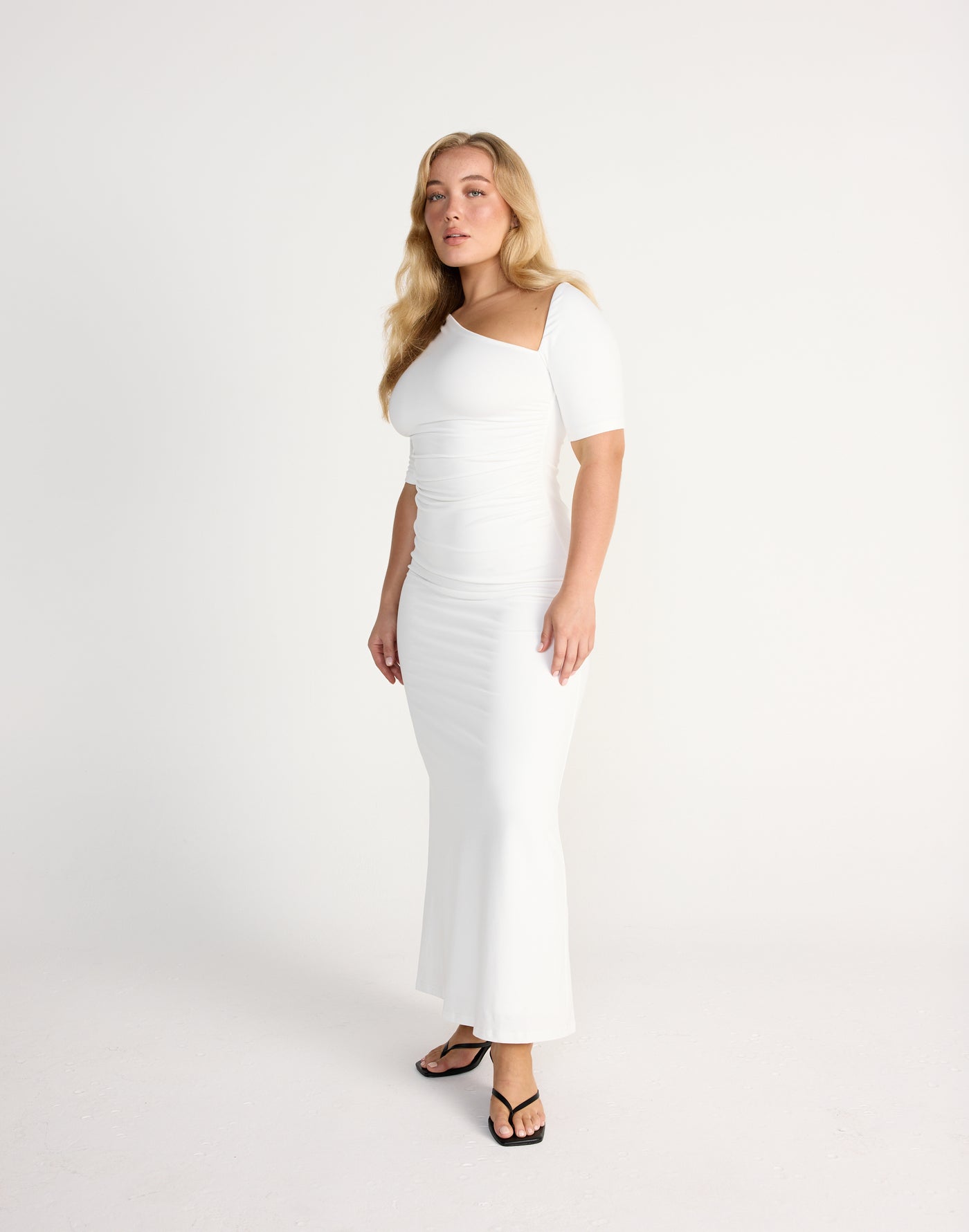 Vilma Maxi Dress (White) | CHARCOAL Exclusive - Asymmetrical Neckline - Women's Dress - Charcoal Clothing